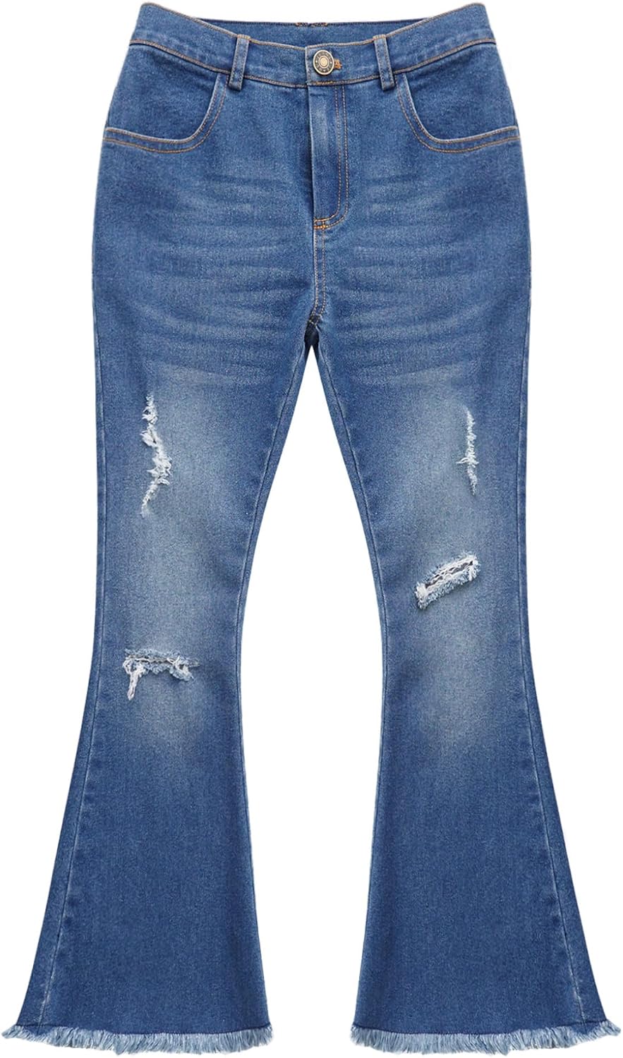 Hansber Jeans for Girls Flare Jeans Bell Bottoms Denim Pants Split Raw Hem Summer Casual Denim Trousers