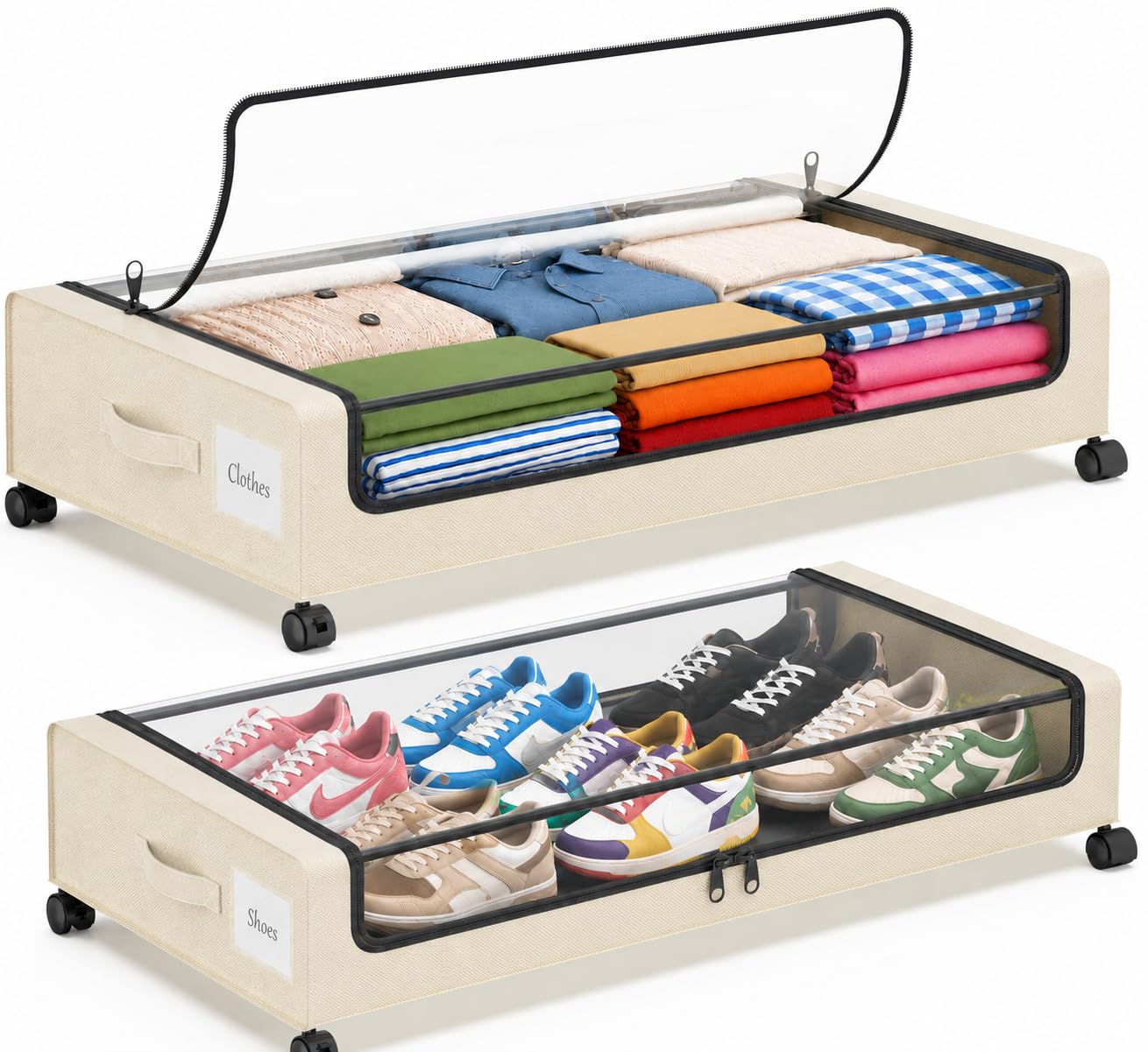 Under Bed Storage with Wheels, 2 Pack Under Bed Storage Containers with Clear Lids, 68L Underbed Shoe Storage Organizer Bins, Rolling Under Bed Metal Drawer for Blanket, Clothes, Shoes, Toys - White