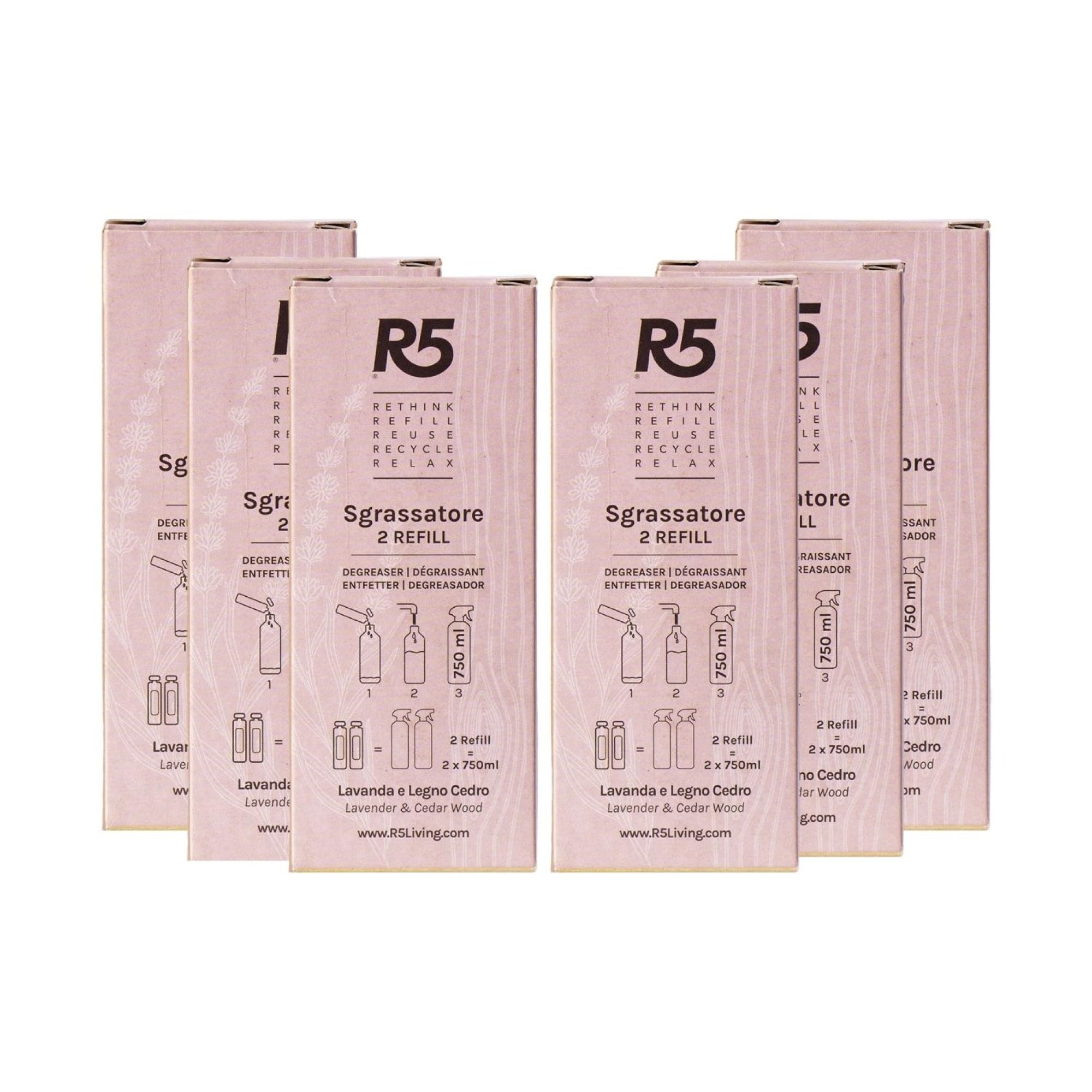 R5, Multipack 12 Refill Sgrassatore, Elimina Grasso e Sporco dalle Superfici Incrostate, Profumo di Lavanda e Legno Cedro, Soluzione Eco-Formato, Vegan, Cruelty Free, Made in Italy