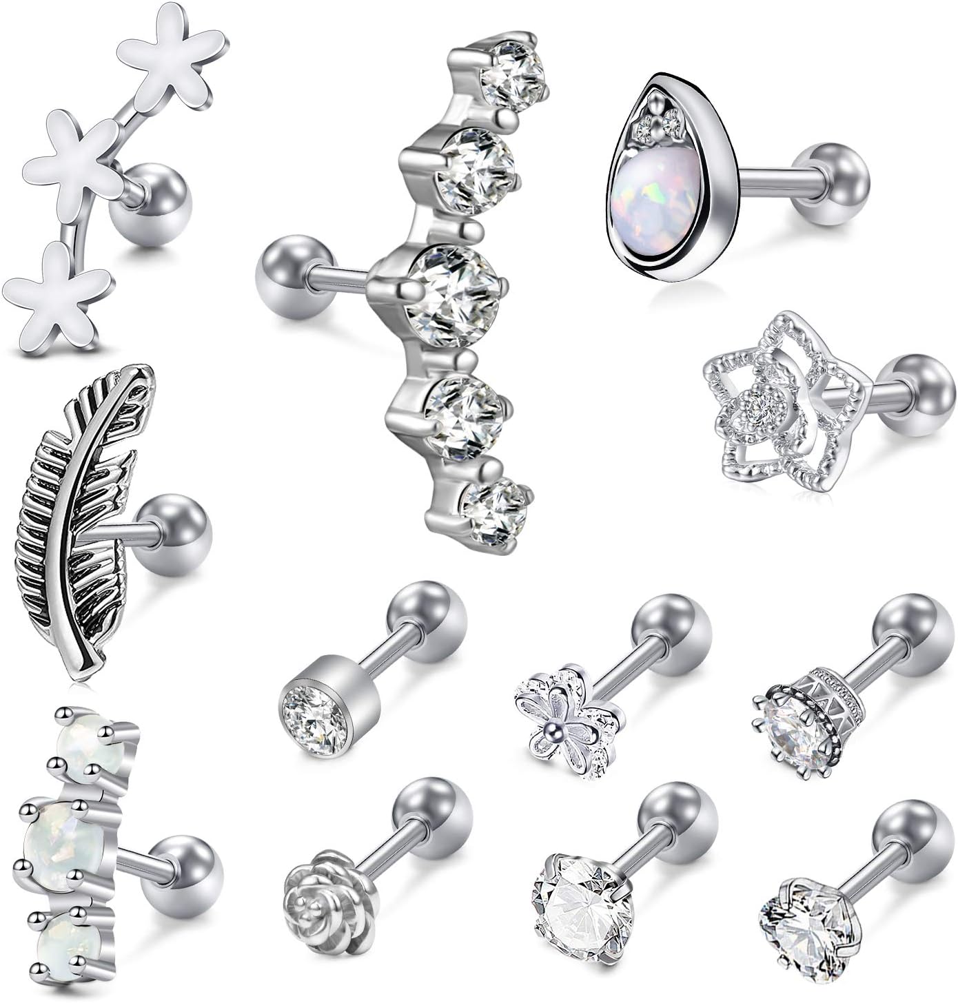 Incaton 12Pcs 16G Stainless Steel Cartilage Cubic Zirconia Stud Earrings for Men Women Girls Conch Forward Helix Tragus Daith Piercing Jewelry