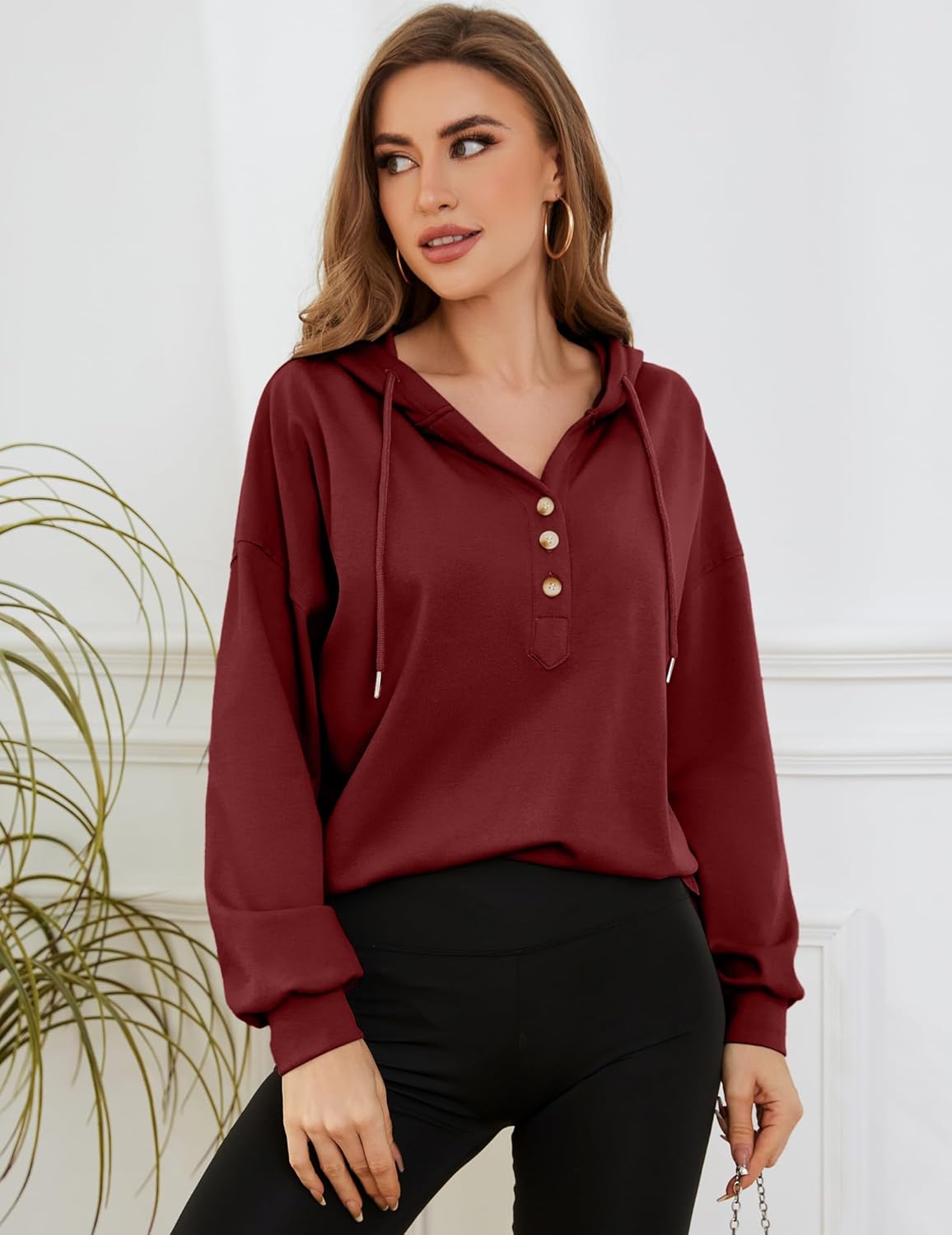 WROLEM Womens Hooded Button Collar Drawstring Hoodies Pullover Sweatshirts Casual Long Sleeve Top Shirts - Image 4