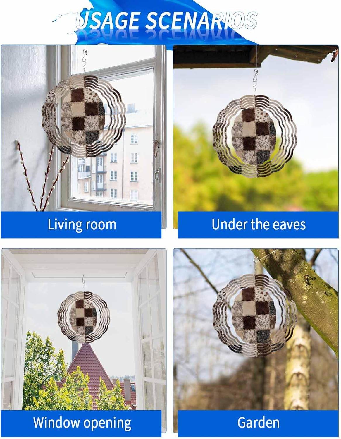 Vintage Patchwork Wind Spinner for Garden Yard 12In, Western Rustic Brown Grey White Animal Fur Style Plaid 3D Stainless Steel Kinetic Hanging Wind Spinners Rustproof Outdoor Decor for Lawn Patio Home