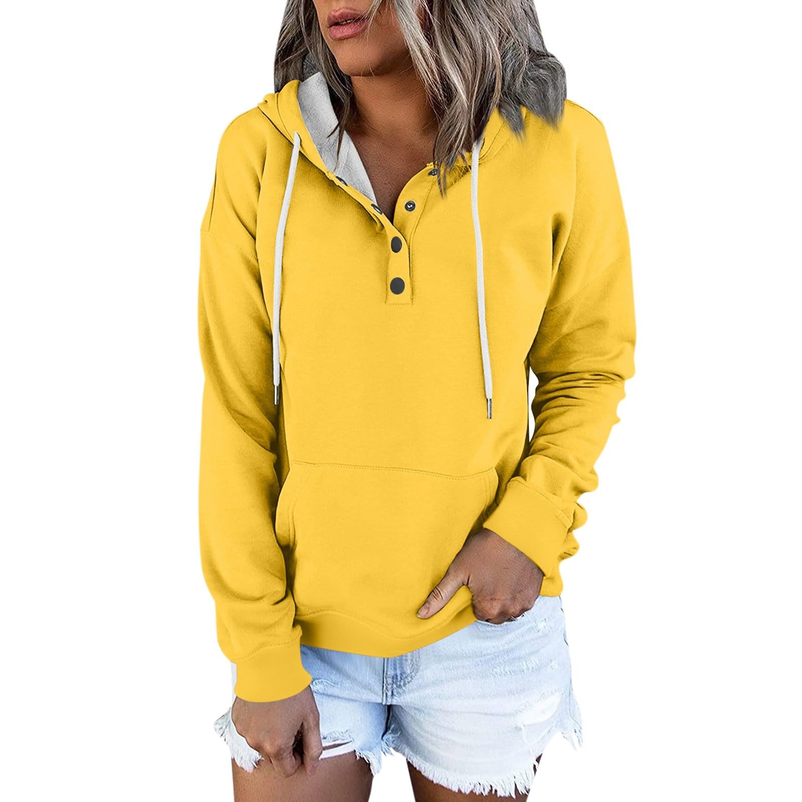 Womens Hooded Button Collar Drawstring Hoodies Pullover Sweatshirts 2024 Casual Long Sleeve Tops Shirts With Pocket