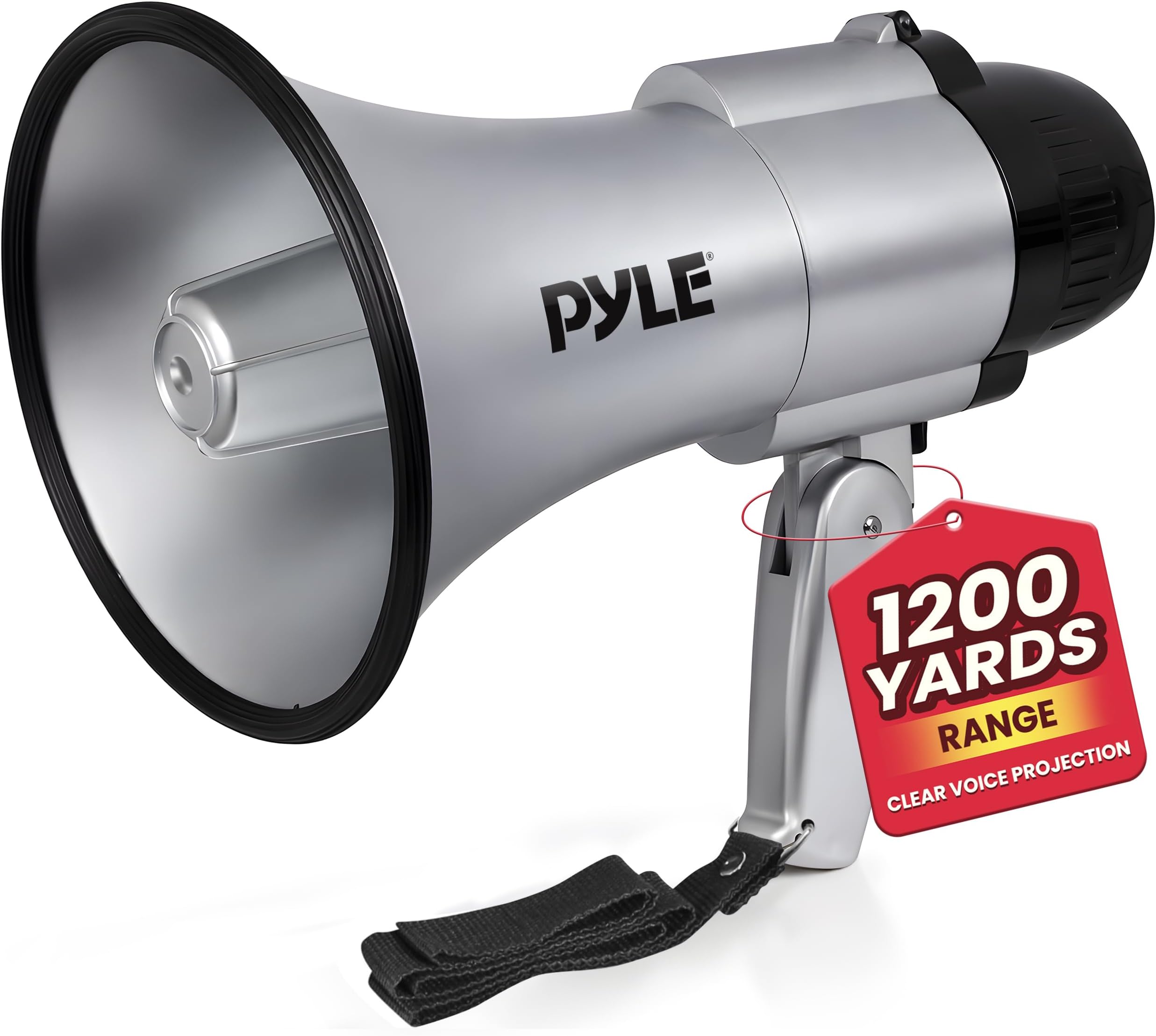 Pyle Portable Megaphone Speaker Siren Bullhorn - Compact and Battery Operated with 30 Watt Power, Microphone, 2 Modes, PA Sound and Foldable Handle for Cheerleading and Police Use - PMP33SL (Silver)