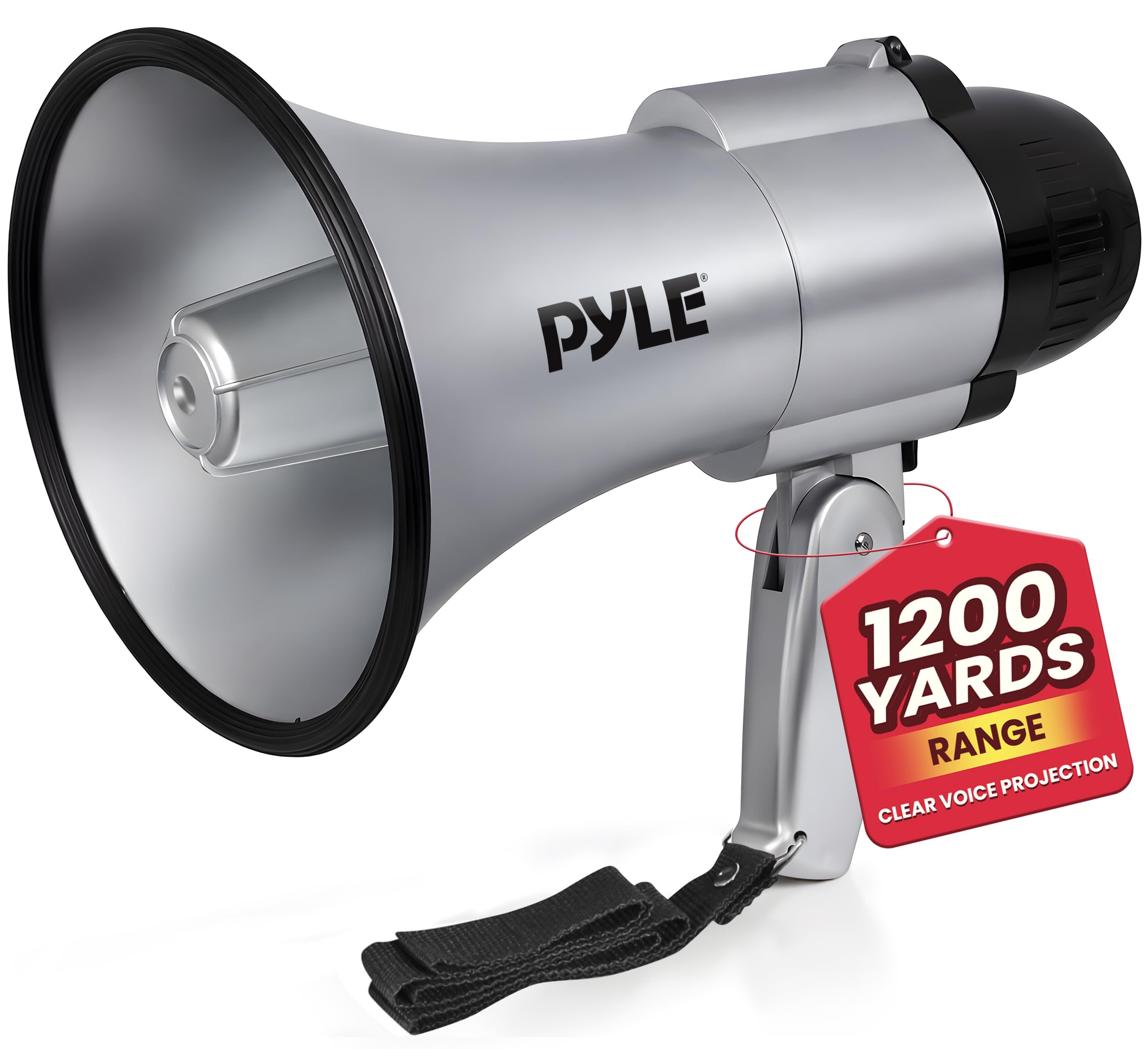 Portable Megaphone Speaker Siren Bullhorn - Compact and Battery Operated with 30 Watt Power, Microphone, 2 Modes, PA Sound and Foldable Handle for Cheerleading and Police Use - PMP33SL (Silver)