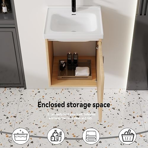 Miniatura 136 de Tocador de baño de 20 pulgadas con lavabo de cerámica, tocador de baño pequeño montado en la pared con puerta de cierre suave, gabinete flotante
