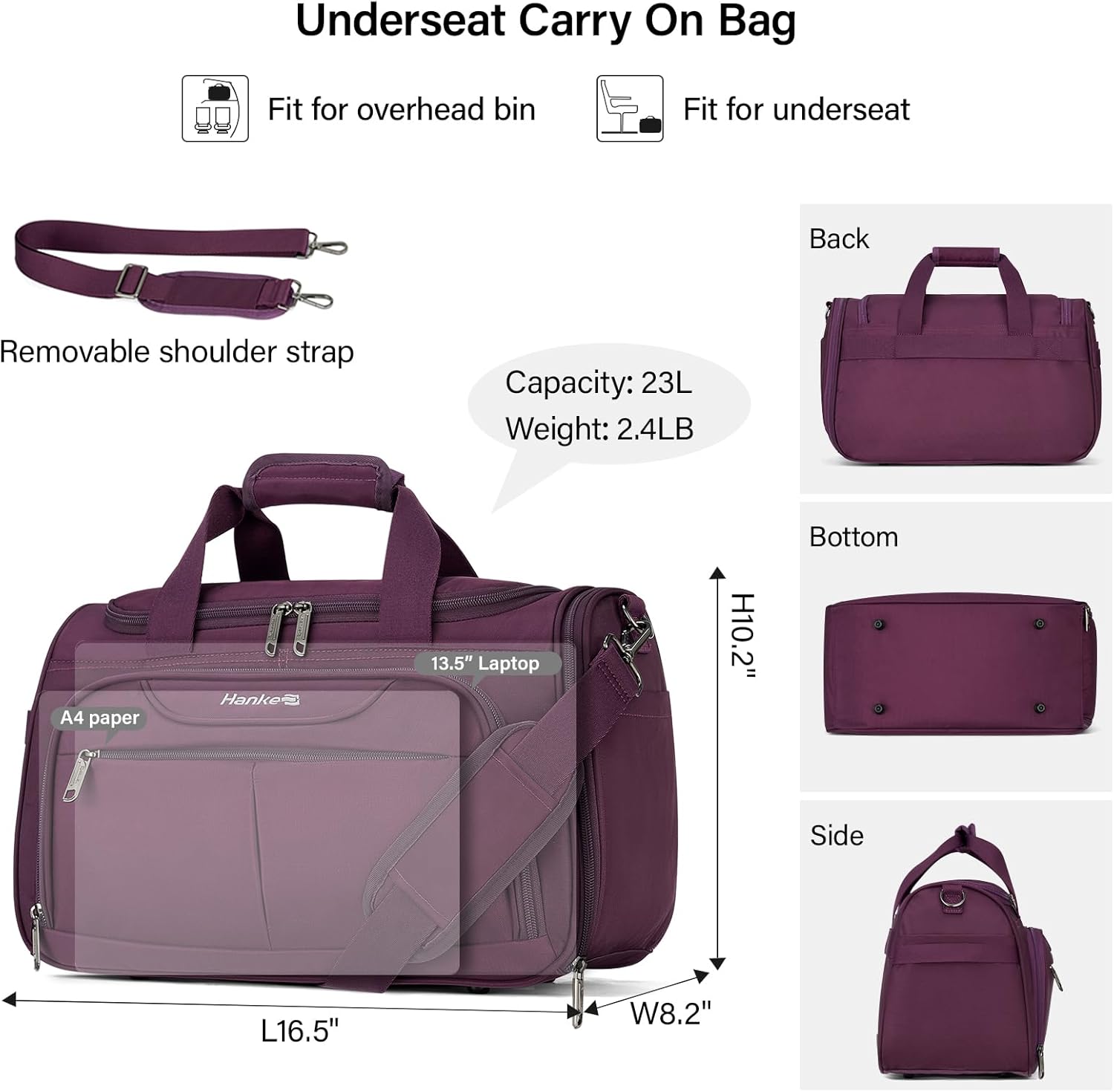 Hanke Underseat Carry On luggage Bags for Travel, Foldable Travel Bags for Women, Soft Lightweight Personal Item Travel Bag Small Carry On Bags for Airplanes, Travel Tote Bags for Women Men.(Purple) - Image 2