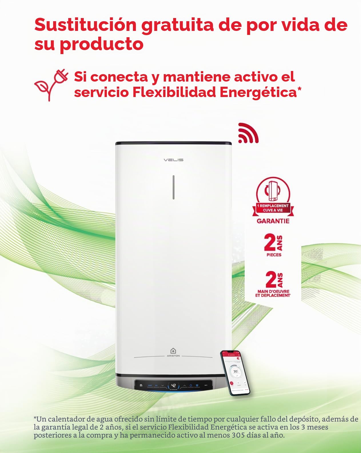 Ariston Velis Evo Dune Dry Wifi, calentador de agua plano eléctrico 65L, instalación en Francia, flexibilidad energética, pantalla táctil. Colocación vertical horizontal, ultraplana, 27 cm.