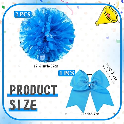 Miniatura 291 de Hanaive 3 pompones de animadora y lazo grande para animadora para el pelo, suministros metálicos para animadora de espíritu de equipo, deportes