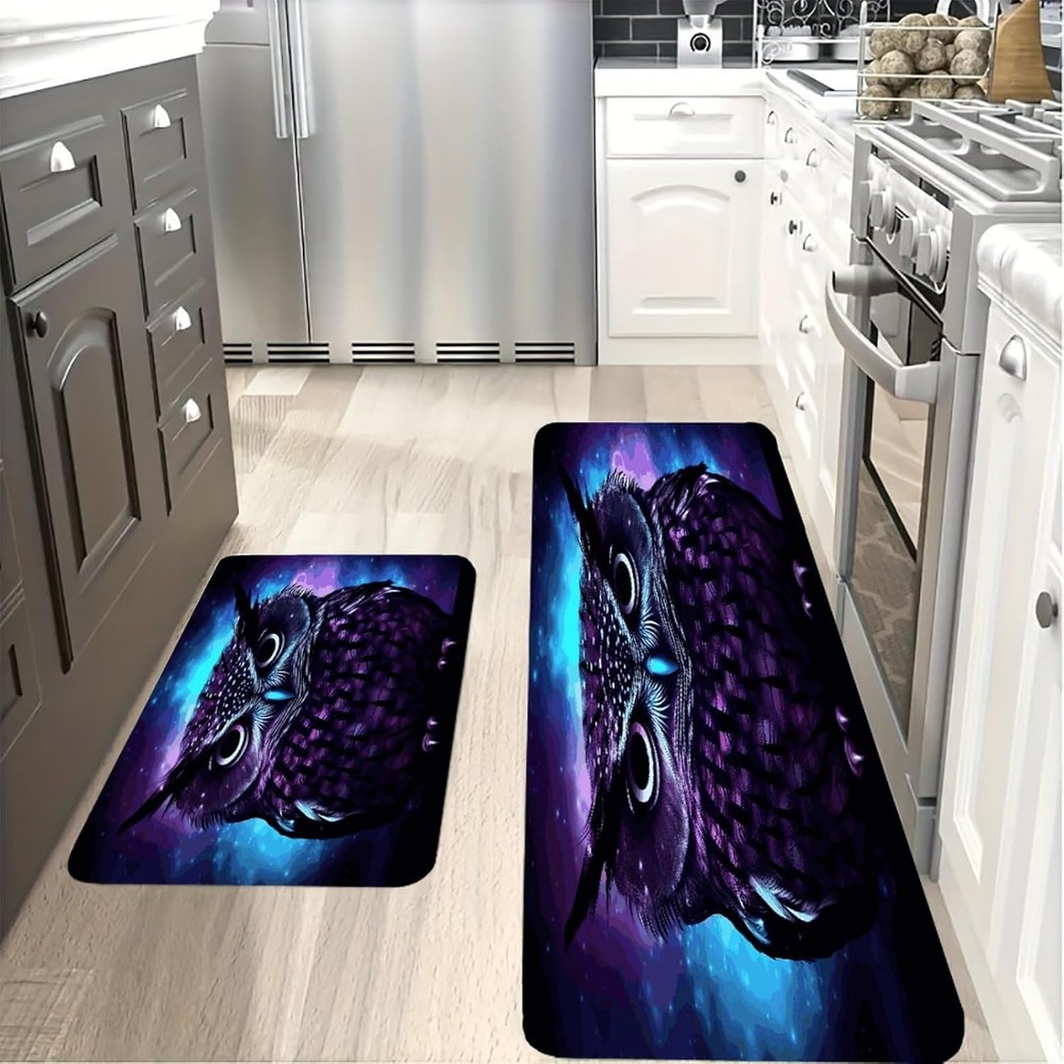 Purple Owl Kitchen Mat Kitchen Rug Set | Kitchen Rugs Flannel Velvety Washable breathable Water Absorbent Soft ，kitchen utensils for Kitchen, Floor,Laundry