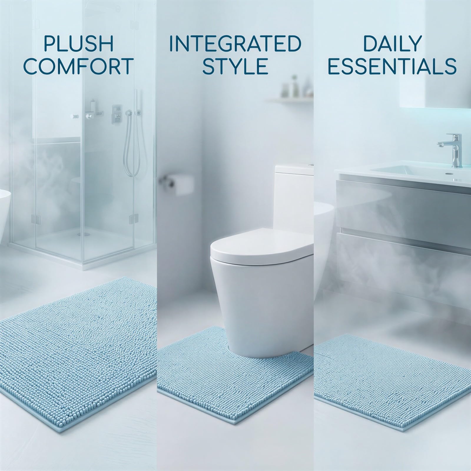 Lot de 3 Tapis de Bain en Chenille Bleu Ciel, Grand 31 x 19 in / 78,7 x 48,3 cm, modèle en U 19 x 19 in / 48,3 x 48,3 cm, Petit 15,5 x 23 in / 39,4 x 58,4 cm, Base antidérapante, Ultra Doux