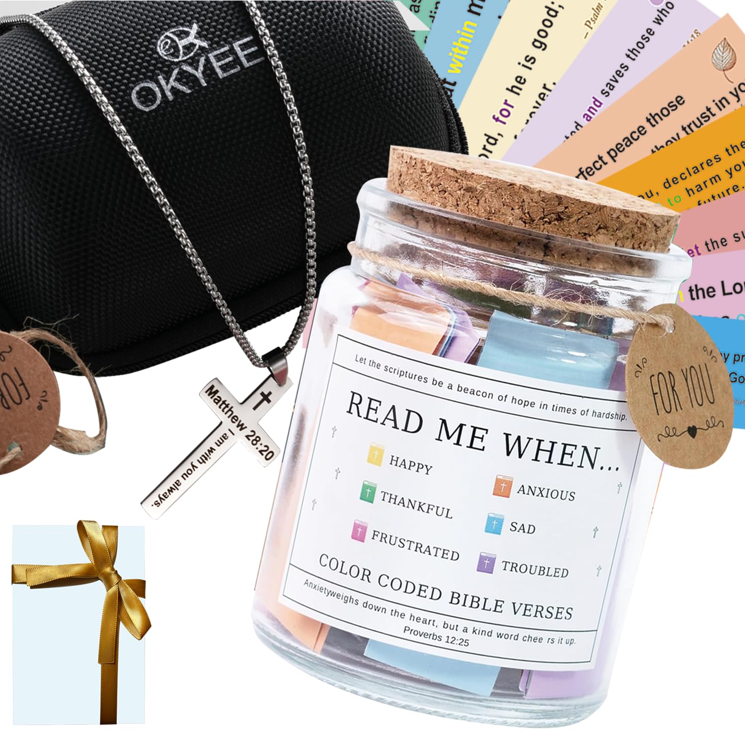 OKYEE Bible Verse Jar with Cross Necklace - 100 Waterproof Scripture Cards, Inspirational Christian Gifts for Women, Men, Mom - Hope & Faith Jar for Birthday, Baptism, Devotion - Includes Gift Box