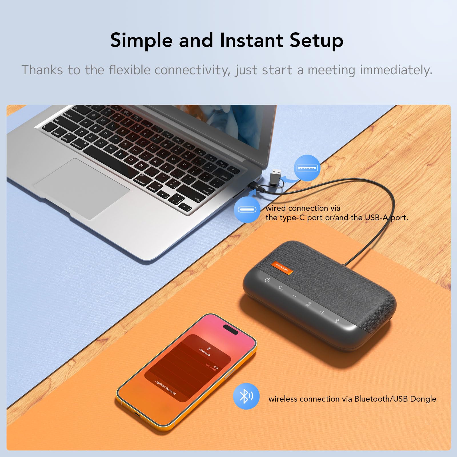 Nuroum A15 Altoparlante da conferenza Bluetooth con 4 microfoni, 360° con riduzione del rumore, riduzione del rumore, collegamento tramite Bluetooth/dongle/USB-A/C, per ufficio e home office, grigio