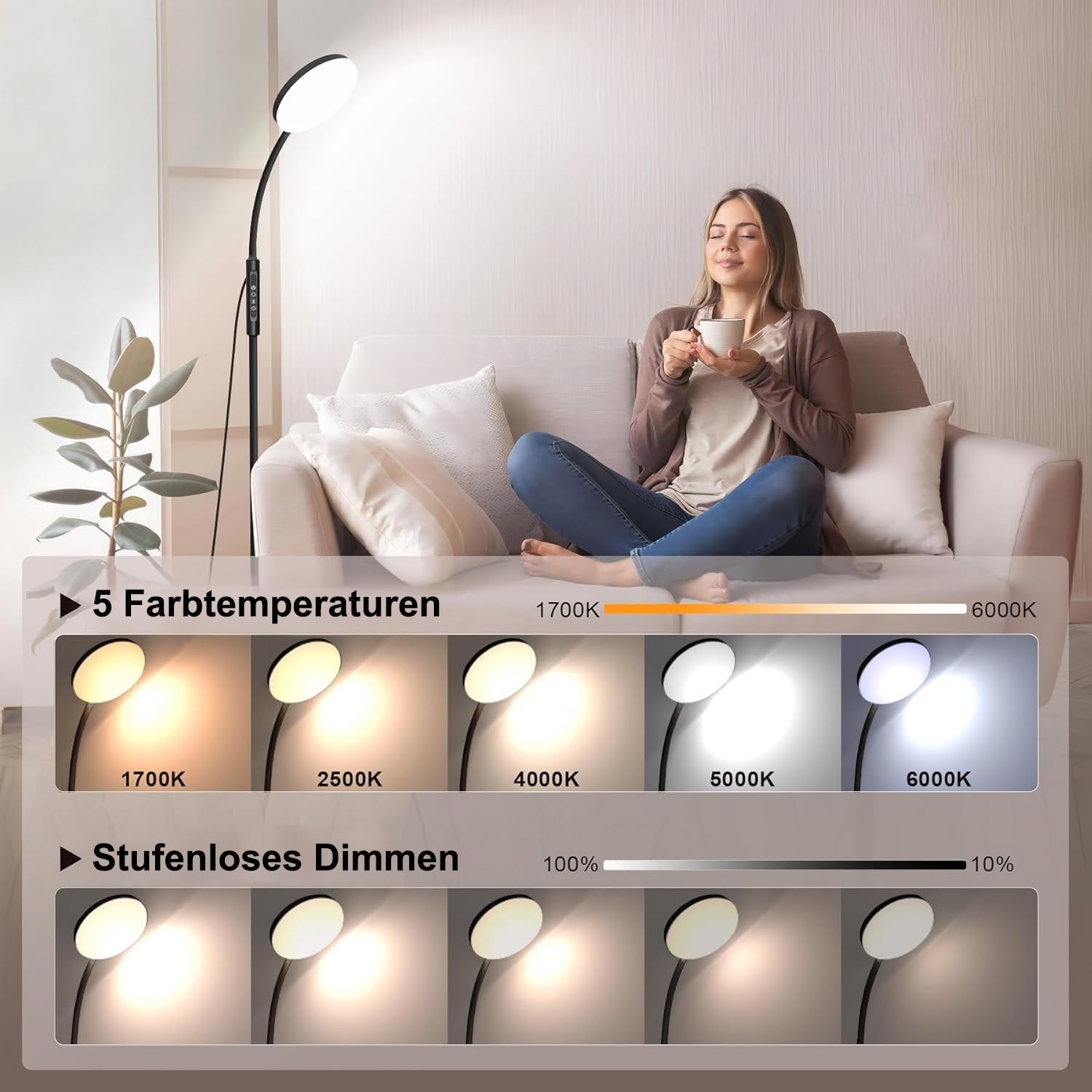 LED Stehlampe Dimmbar mit Fernbedienung, 20000 Lux Tageslichtlampe gegen Winterblues, 1700K-6000K Leselampe mit Timer & Flexibler Schwanenhals, 165cm Stehleuchte für Wohnzimmer, Schlafzimmer & Büro