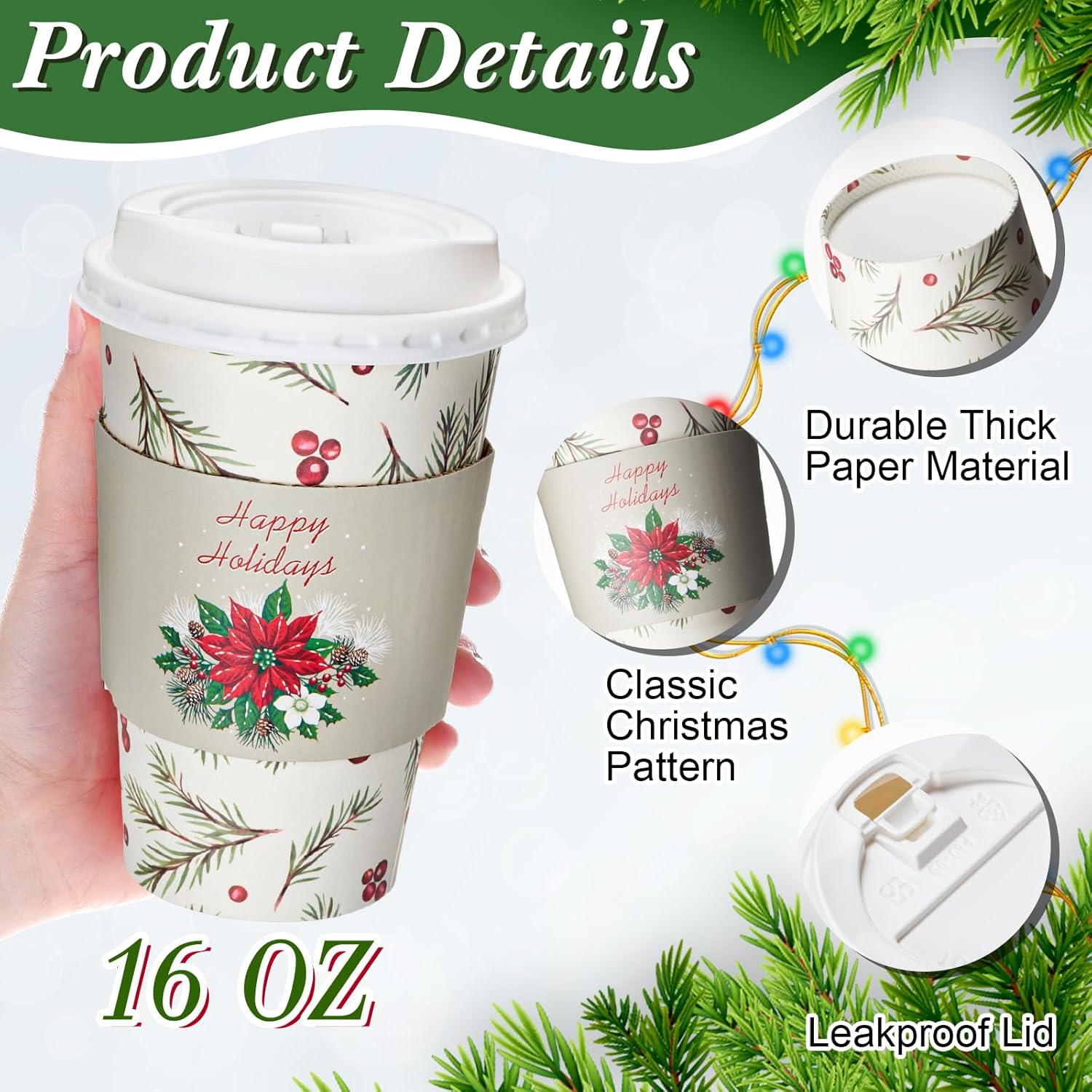 Jingmore 48 Pack 16 oz Christmas Disposable Coffee Cups with Lids and Sleeves Christmas Paper Hot Cups Xmas Party Beverage Tea Drinking Favors for Hot Cocoa, Xmas Holiday Supplies(Fresh,White Green)