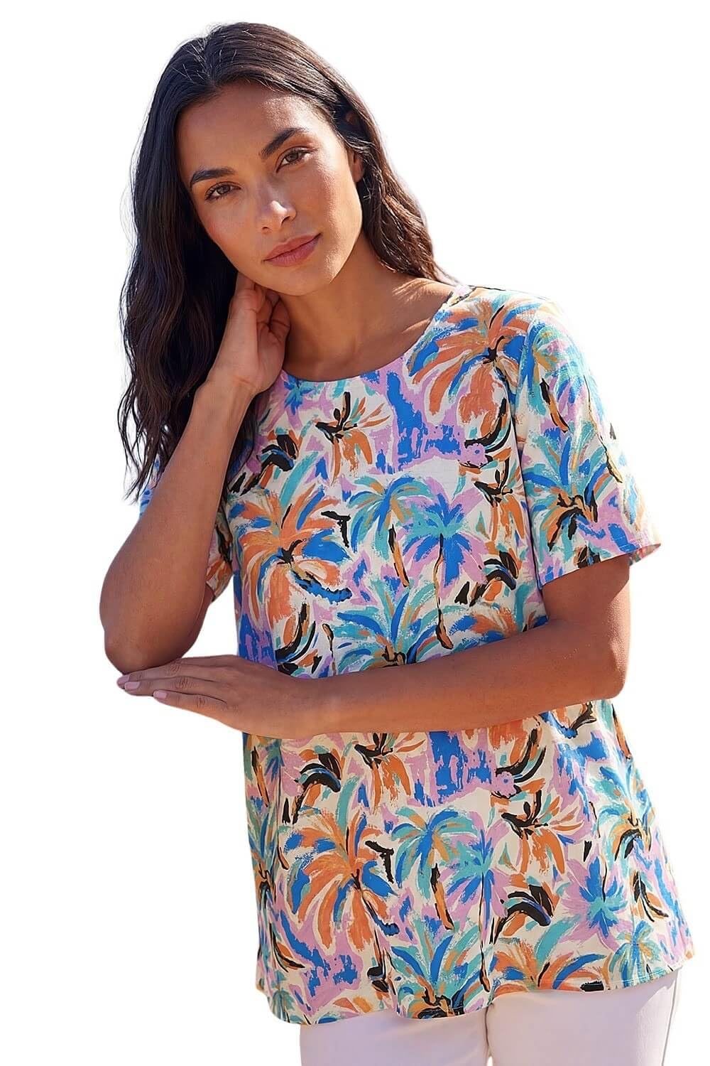 Roman Originals Women's Blue Abstract Print Tunic Top For Uk - Everyday Holiday Spring Summer Round Neckline Comfy Soft Evening Vacation Work Party - Size 14