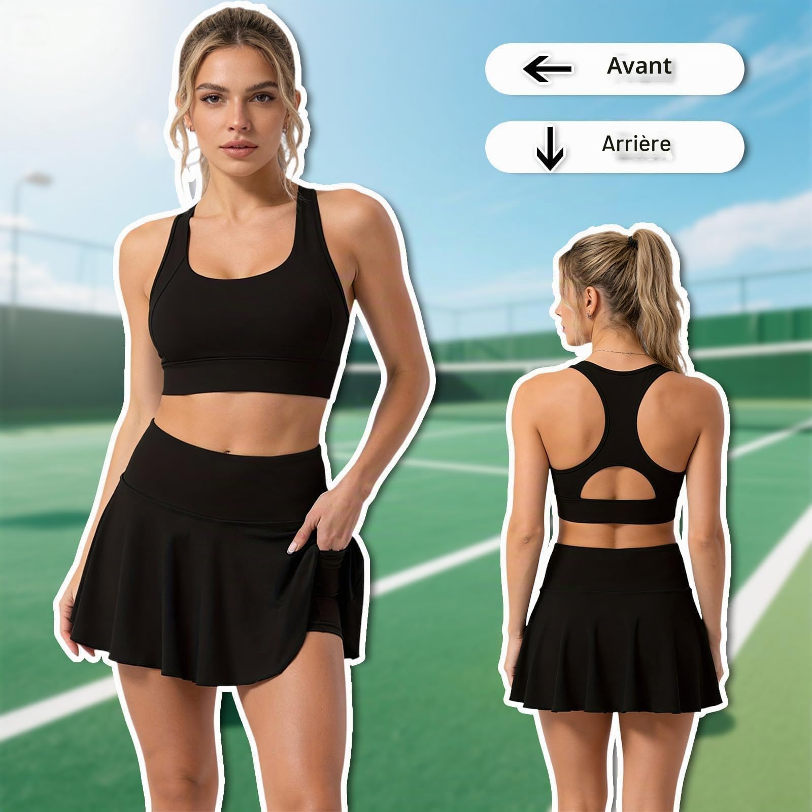 2 Pcs Jupe de Tennis Femme,Jupe Short Femme Sport,Short Intégré avec Poches et Pantalon Modèle Taille Haute Convient Aux Sports pour Diverses Occasions comme Le Tennis Vélo Course Noir Blanc Taille M