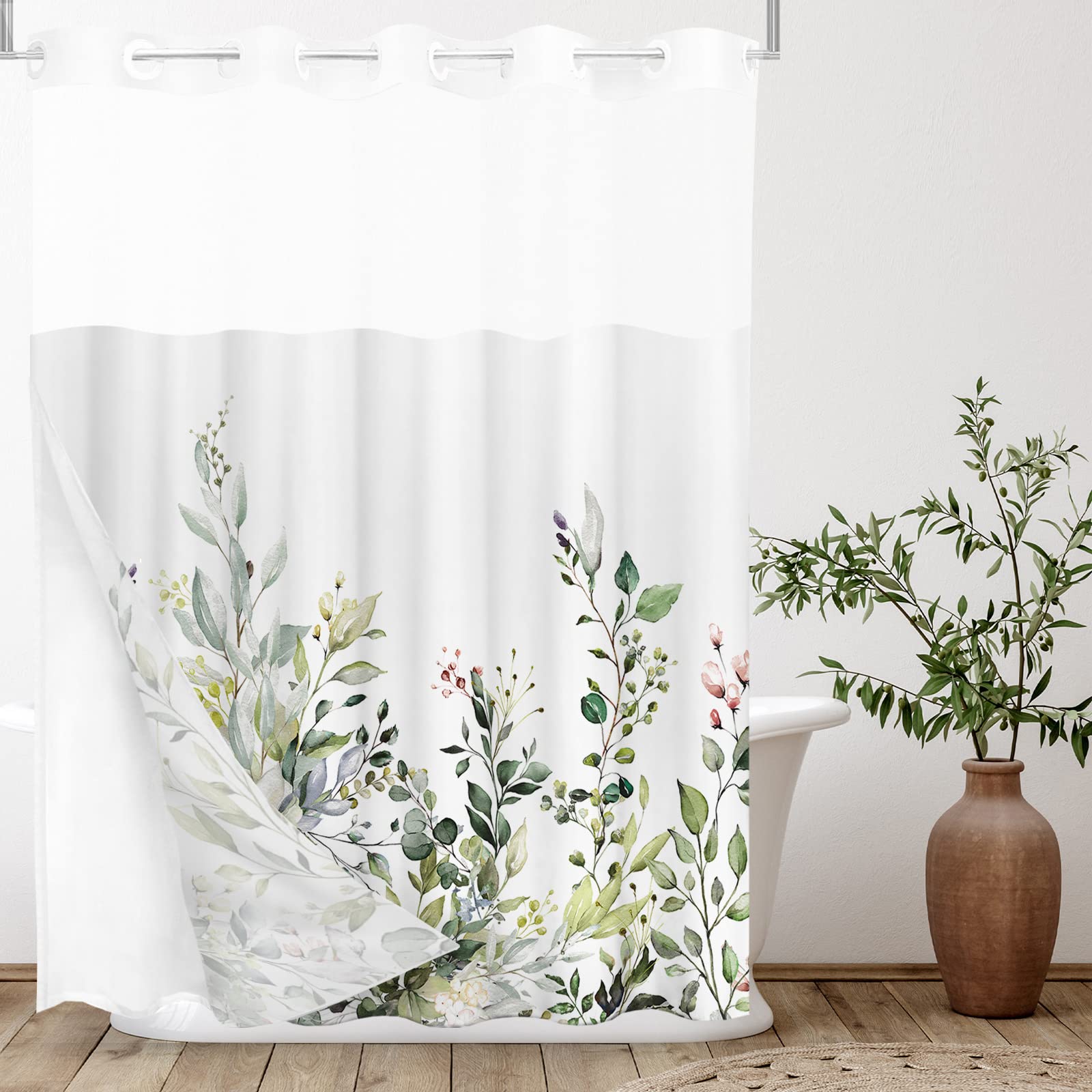 Tititex No Hooks Snap in Liner Green Eucalyptus Leaves Shower Curtain Sets, Hotel Luxury Double Layers Waterproof Fabric & See-Through Top Window Bathroom Decorative 71x71 Inch