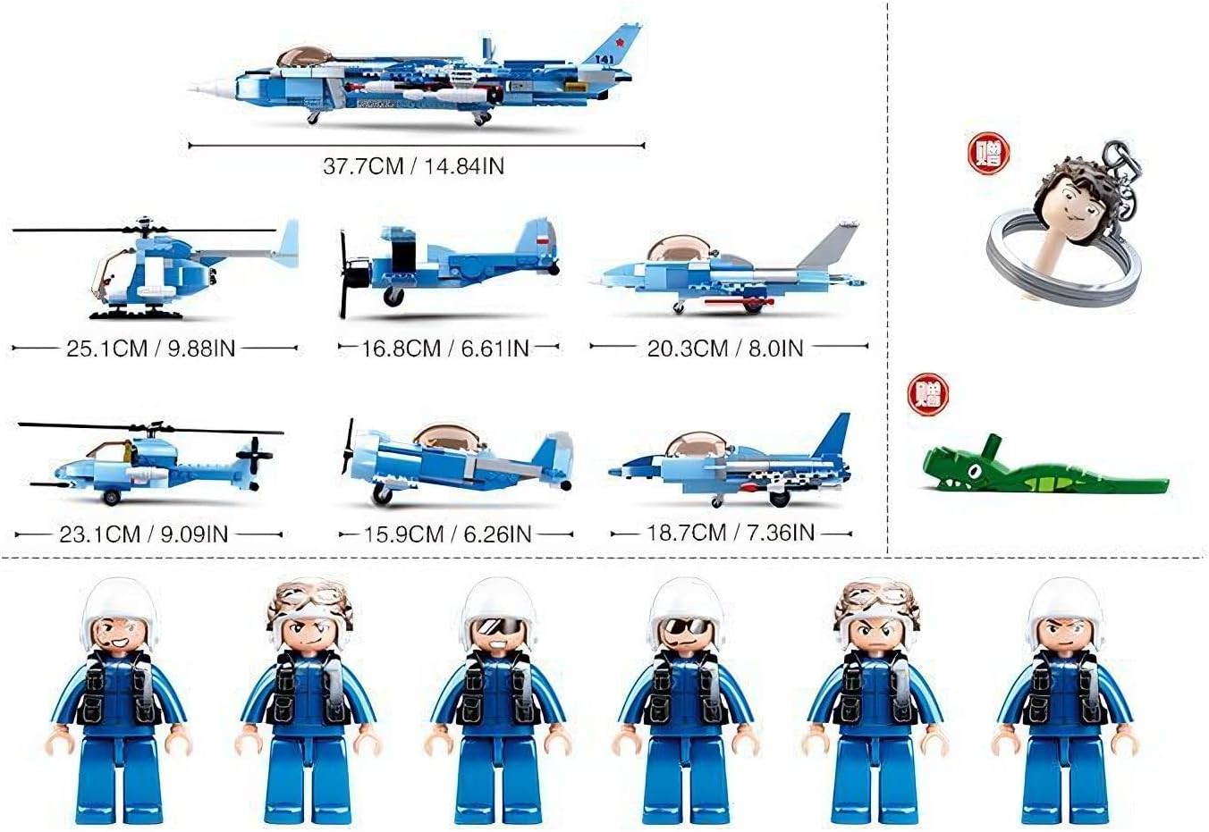 Dimensions of various Sluban M38-B0665 models and included minifigures