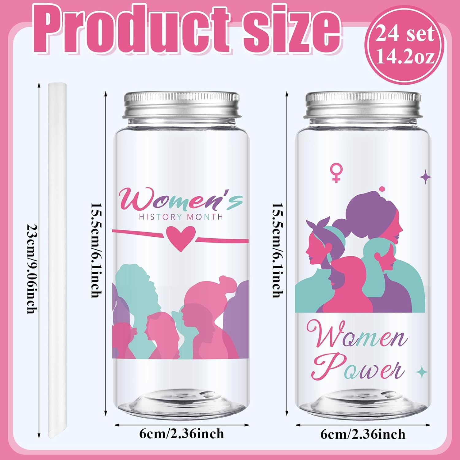 Skylety 24 Pcs Women's History Month Gifts Bulk, Women's History Month 14 oz Plastic Cup with Lids and Straws Inspirational Reusable Cups WHM Feminism Woman Power Gift for March Offices Female - Image 2