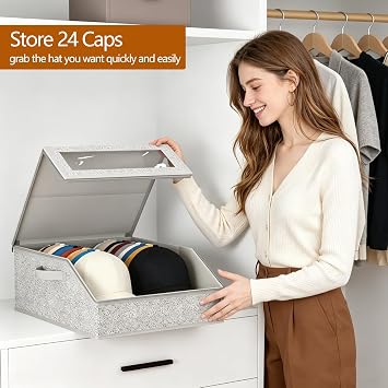 2PCS Hat Organizer for Baseball Caps, Stackable Storage with Clear Window Lid, Flip-Top Access, Space-Saving Hat Box for Closet, Breathable Fabric