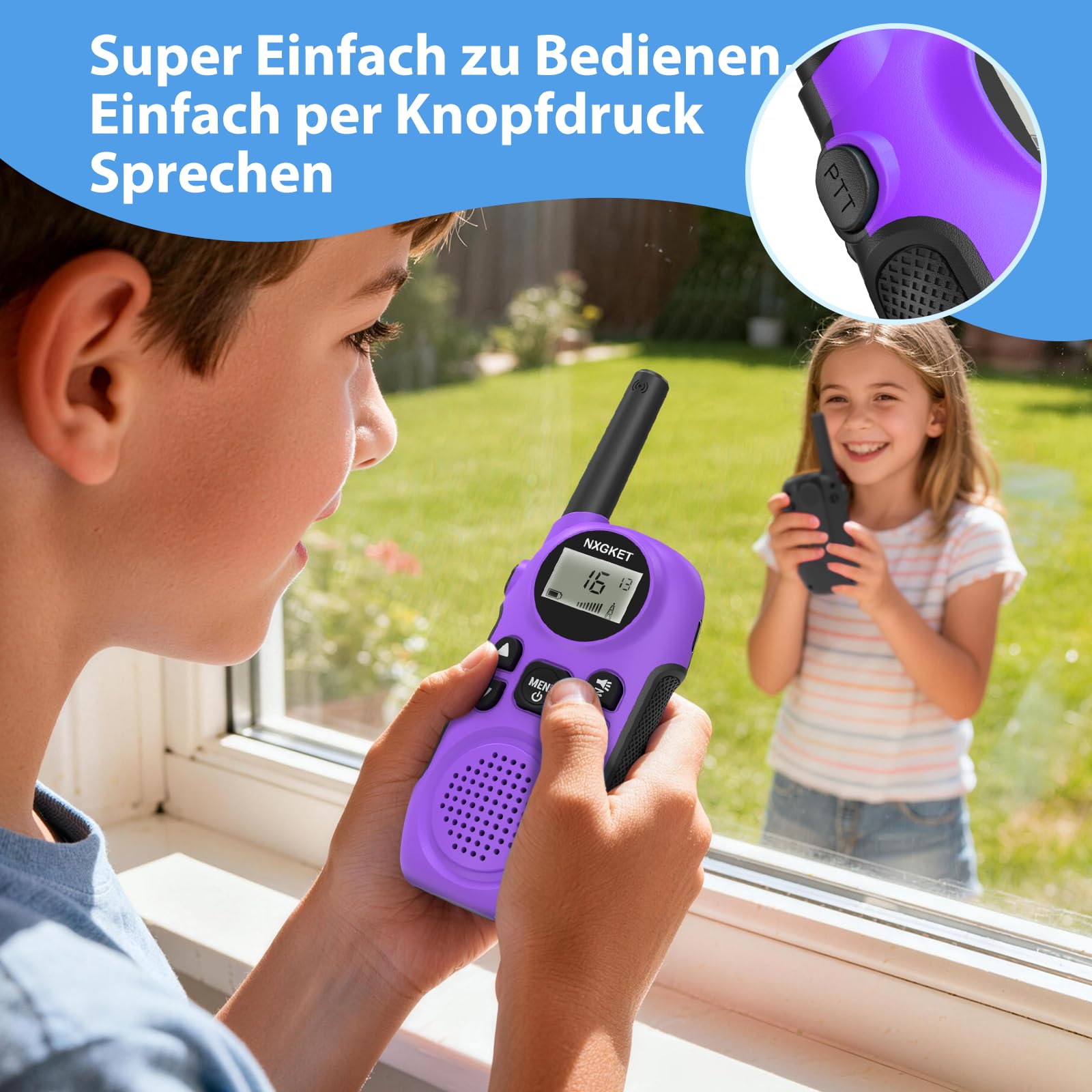 NXGKET Walkie Talkies für Kinder - Spielzeug 3-12 Jahren Junge, Funkgerät Set mit Taschenlampe, 3KM Große Reichweite, 16 Kanal Walkie Talkie für Abenteuer im Freien, Camping, Wandern– 3er Set