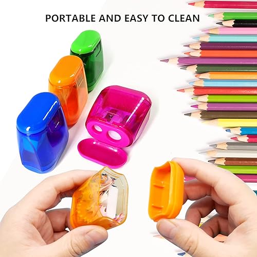 Miniatura 7 de Sacapuntas de lápiz sacapuntas manuales 4 unidades de colores compactos de doble agujeros con tapa para niños adultos estudiantes clases de escuela