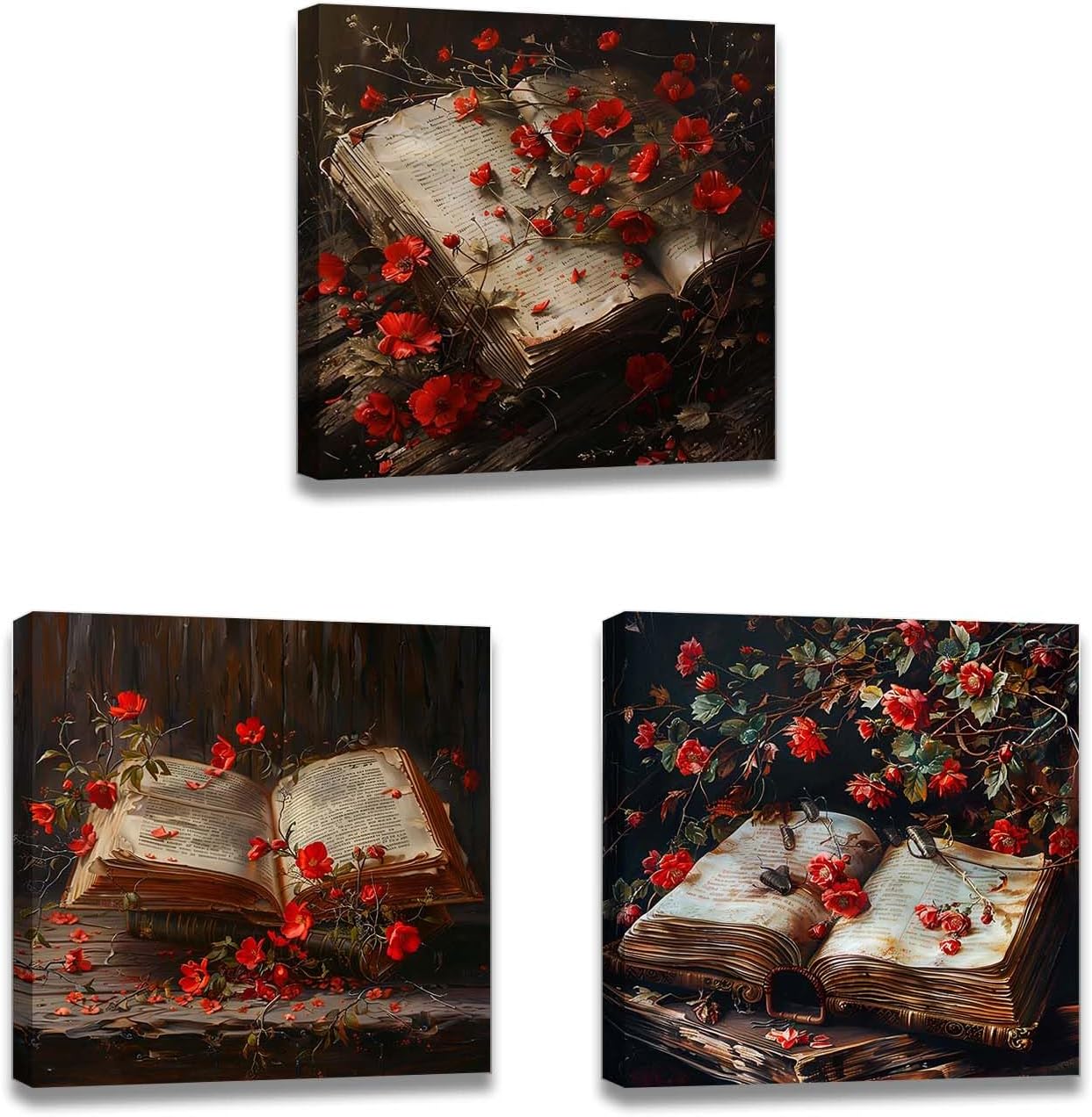 ChaudArt 3 Pieces Vintage Wall Decor for Living Room Red Bathroom Accessories Green Leaf Retro Wall Art Red Rose on Books Pictures Bedroom Decor Kitchen Home Decorations