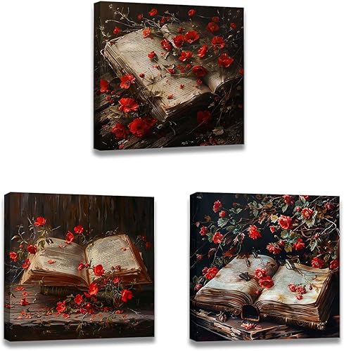 ChaudArt 3 piezas de decoración de pared vintage para sala de estar, accesorios de baño rojos, hojas verdes, arte de pared retro, rosa roja en