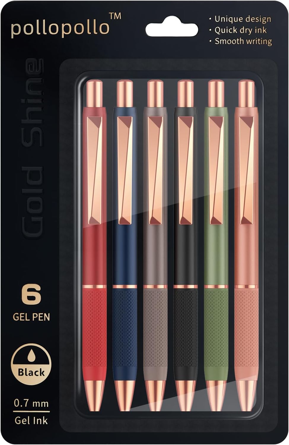 pollopollo Gel Pens, 0.7mm Quick-Dry Black Ink, 6 Pack Rose Gold Accents