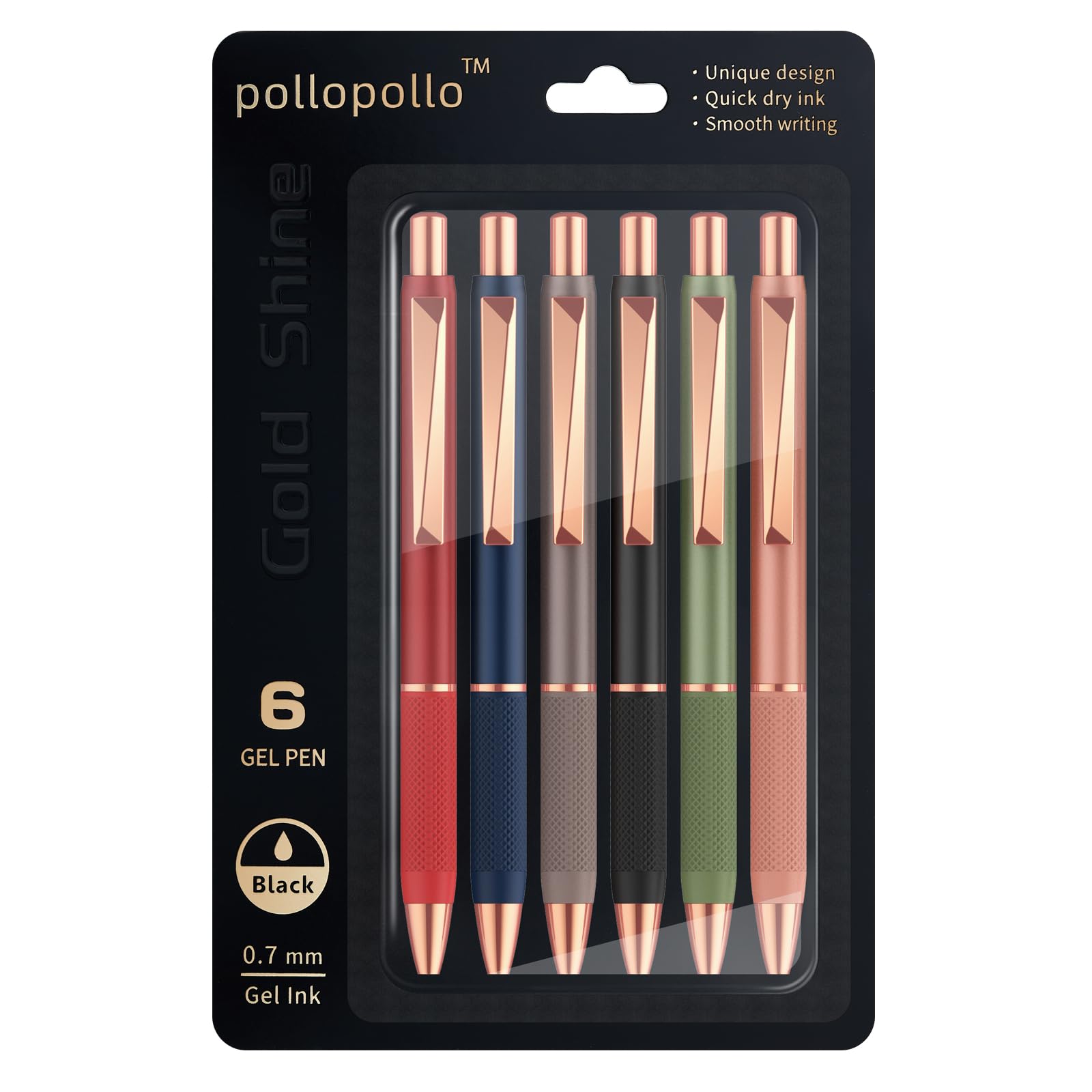 pollopollo Penne gel, confezione da 6 penne a scatto retrattili, punta media da 0,7 mm, inchiostro nero con impugnatura ruvida, penne per scrittura per ufficio e scuola (oro lucido)