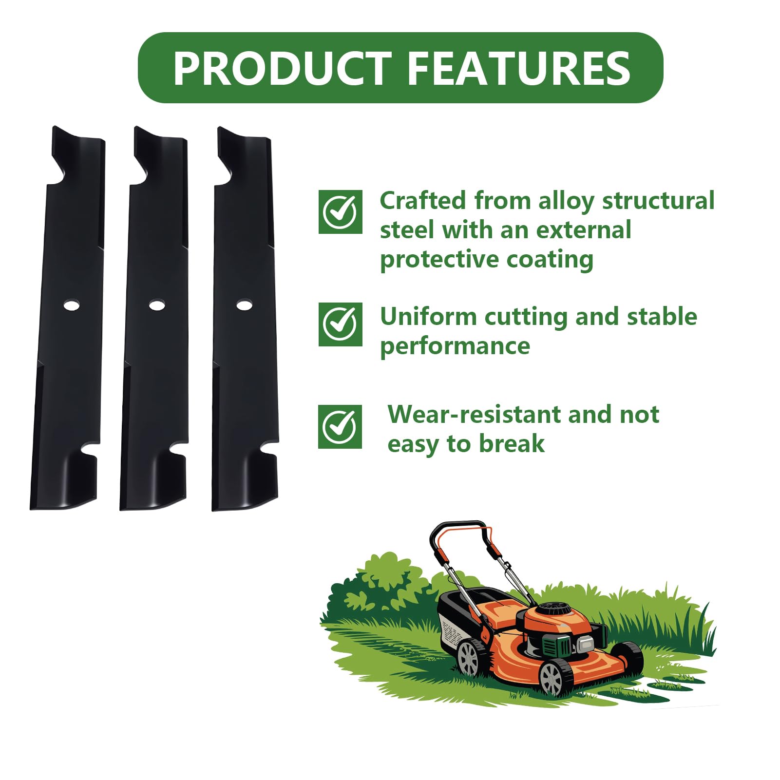 038-2007-00 Cuchillas para cortacésped Cuchillas Alta elevación para Mulching 60 Pulgadas 152,4 cm Repuesto para cortacésped 3Piezas