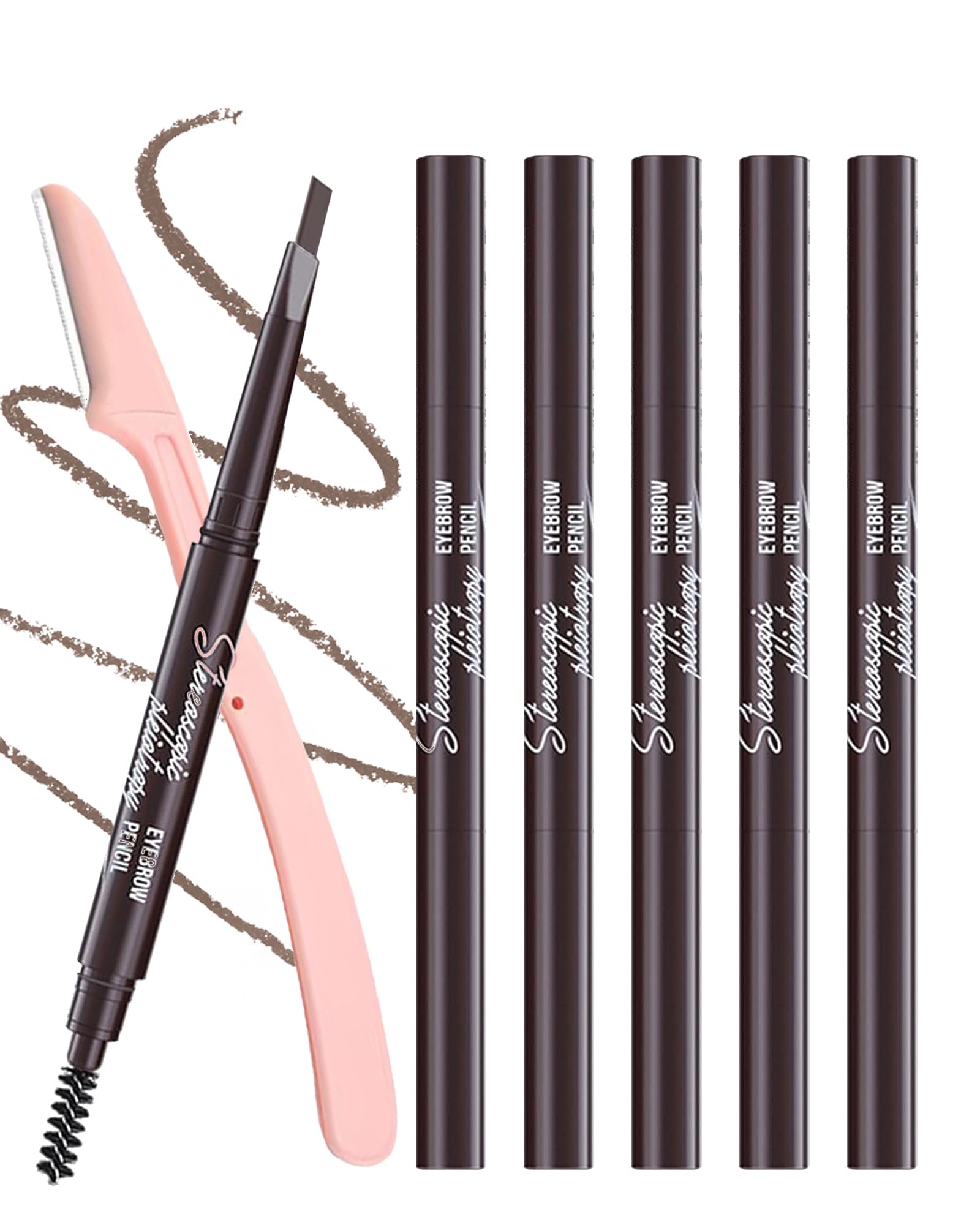 Berinist 6 Pack Medium Brown Eyebrow Pencil, Waterproof Eye Brow Pencils for Women- Dual-Ended with Spoolie Brush and Triangular Tip for Easy Defining