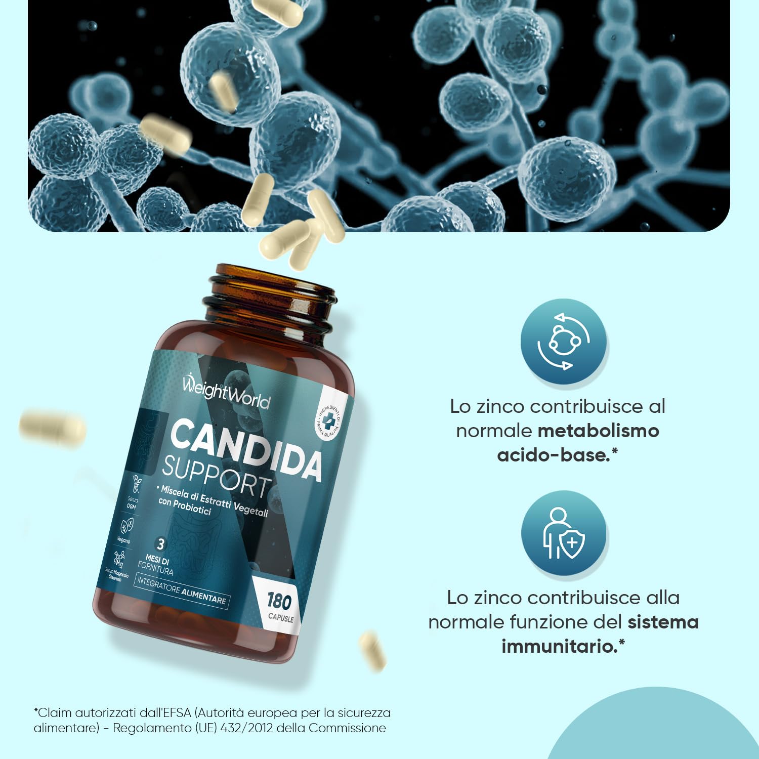 Candida Support 180 Capsule Vegane, (Scorta 3 Mesi), Complex con Zinco, Aglio, Quercetina, Aloe Vera, Rosmarino, Cannella, Probiotici Donna e Uomo, Lactobacillus Acidophilus e Bifidobacterium Bifidum