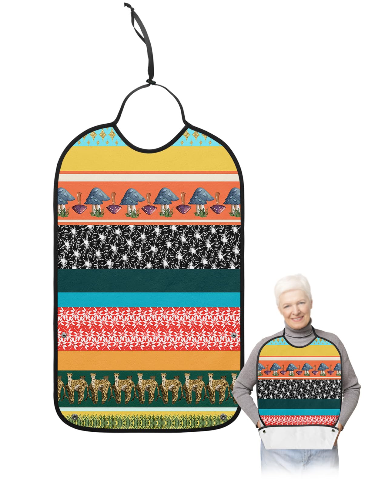 Tropical Mushroom Adult Bibs for Eating, Waterproof Bibs with Food Catcher & Adjustable Snap Closure, Summer Colorful Striped Leopard Washable Clothing Protectors Adult Bibs for Elderly Women/Men