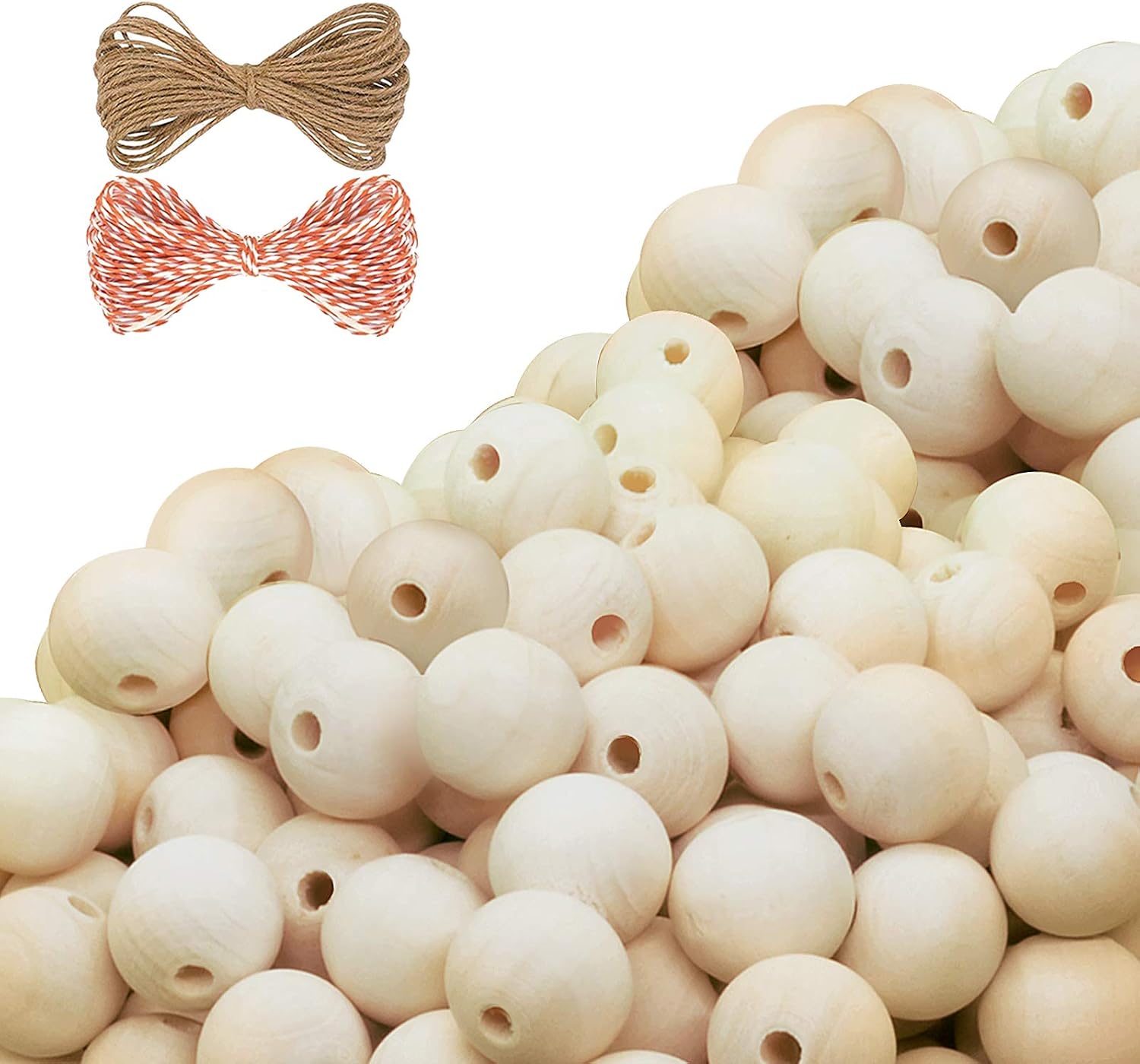 Flame 400pcs 0.63inch(16mm) Natural Wooden Beads with 39.37inch(20 M) Rope for Crafts, Round Unfinished Wooden Loose Beads Wood Spacer Beads for DIY Craft Making,DIY Jewelry Making