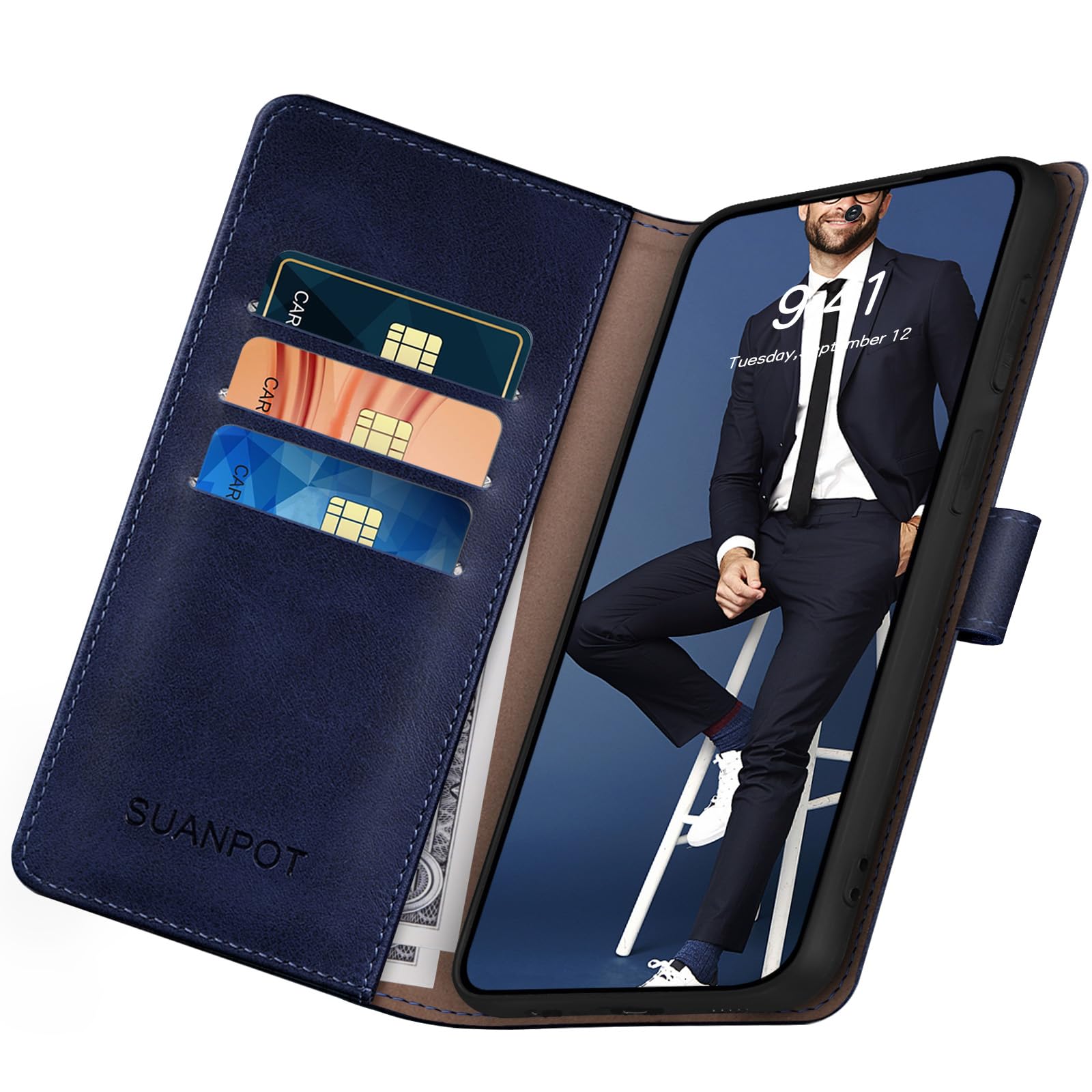 SUANPOT Funda para Xiaomi Mi 14T Pro con Tapa【Bloqueo RFID】de Cuero PU Cierre Magnético，Soporte Plegable，Ranura para Tarjeta Cover para Mi 14T Pro Phone Case Azul