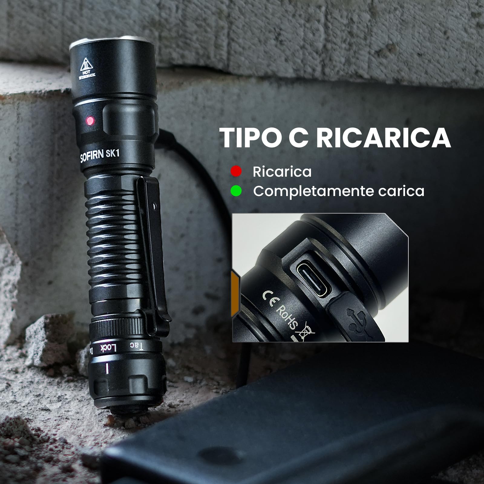 Sofirn SK1 Torcia LED Potente 1300 Lumen 479m Magnetica IPX8 Tattica | Torcia Led Ricaricabile USB-C Max 200H;Interruttore Magnetico;6 Modi;IPX8 Impermeabile Alluminio;Camping Caccia Soccorso EDC