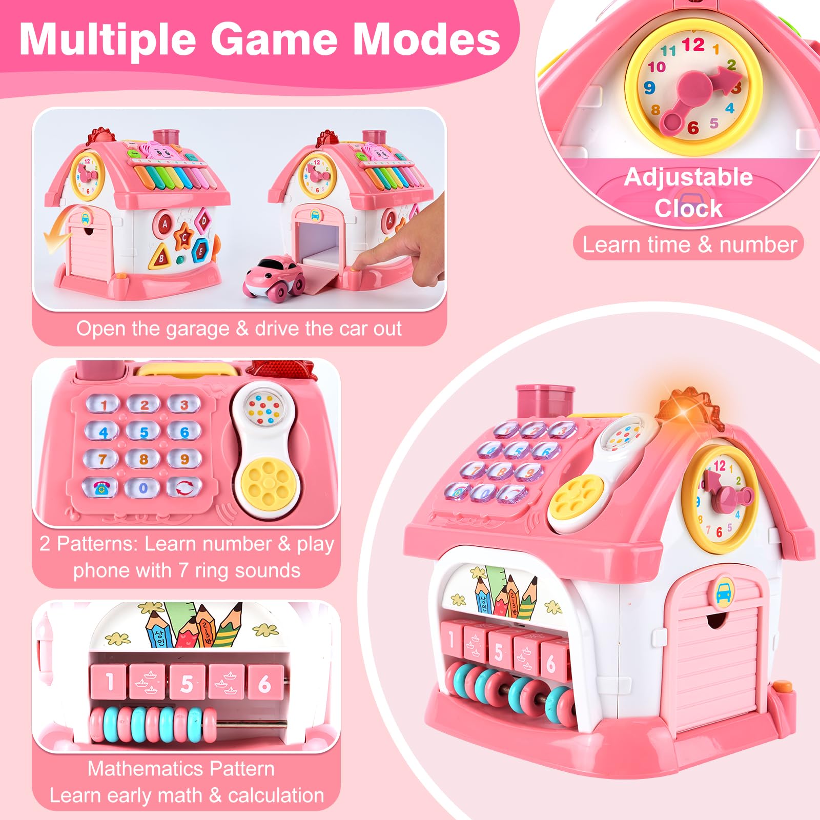 Juguetes Montessori para niñas de 1 año, regalo de cumpleaños para niña de 1 año, casa de aprendizaje musical rosa 8 en 1 con música ligera y sonora, regalos creativos para bebés de 12 a 18 3