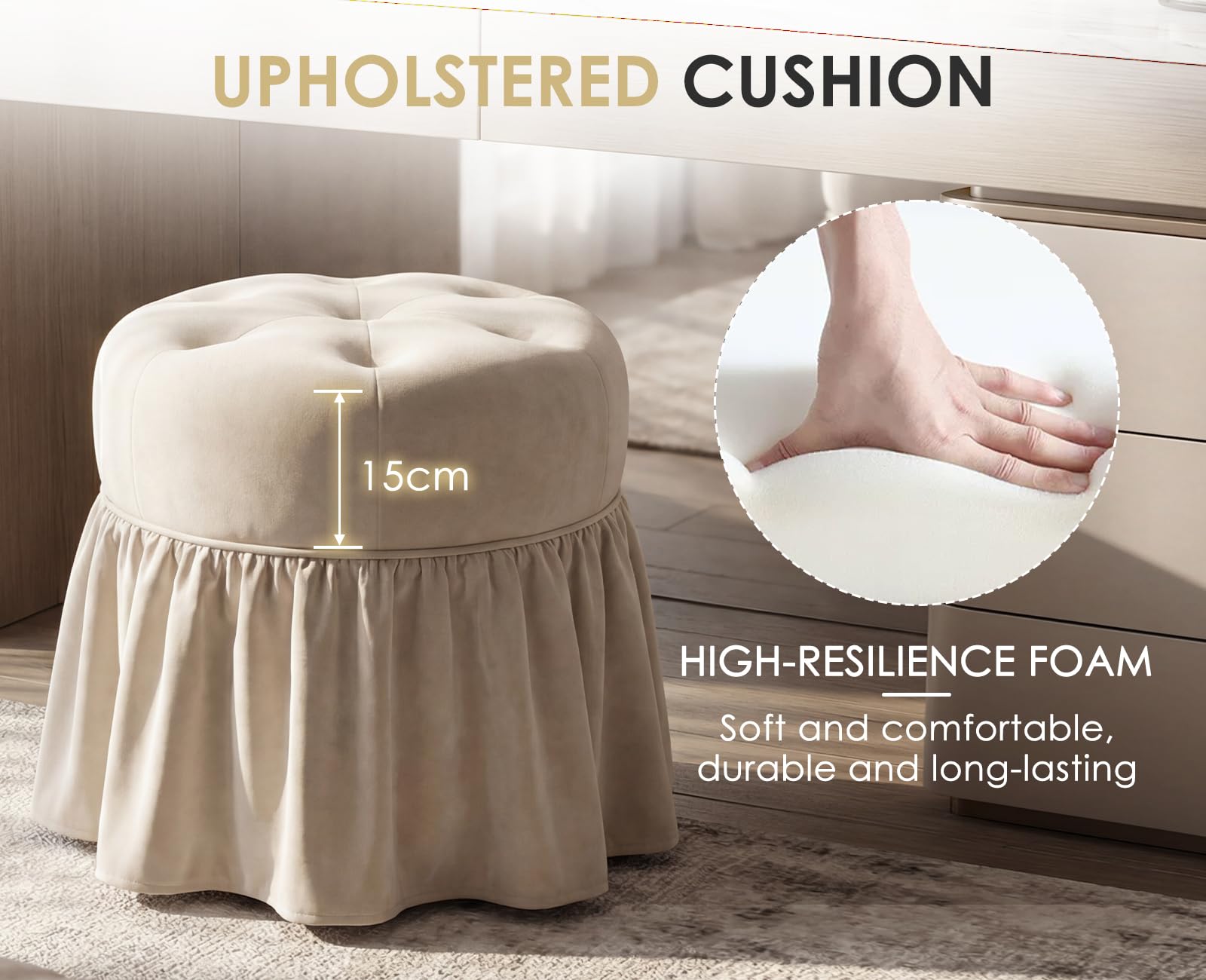 Ya-Home Tabouret de Coiffeuse à roulettes Tabouret Rond en Velours Siège de Coiffeuse avec Jupe à Volants, Pouf à Boutons pour Chambre/Salon/Institut de Beauté, Blanc
