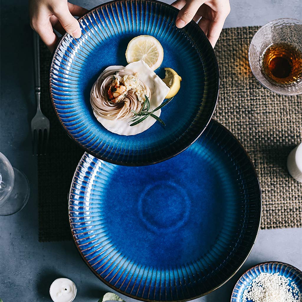 Vajillas, Platos de cerámica, 12 Piezas, Plato Hondo de Porcelana Gourmet Profesional, Color Azul Ojo de Gato, Plato Hondo para Pasta, Plato Hondo a Rayas para Restaurante.