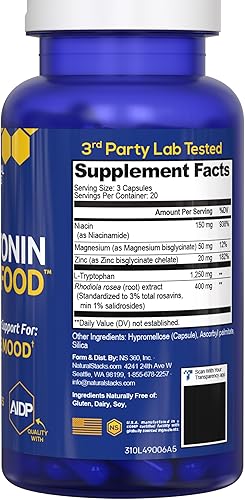 Miniatura 9 de Serotonin Brain Food - 1250 mg de L-triptófano y 400 mg de Rhodiola Rosea Suplemento - Suplemento de apoyo del estado de ánimo para aliviar el