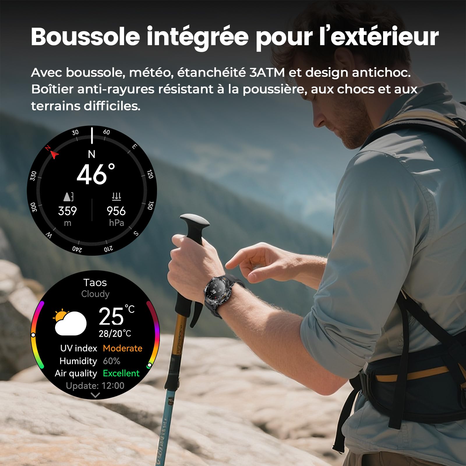 WalkerFit Montre Connectée Homme Outdoor, 1,43'' AMOLED Lisible au Soleil, Étanche 5ATM, Appels Bluetooth, Autonomie 60 Jours, Boussole, 170+ Modes Sport, Smartwatch Android/iOS (Noir)