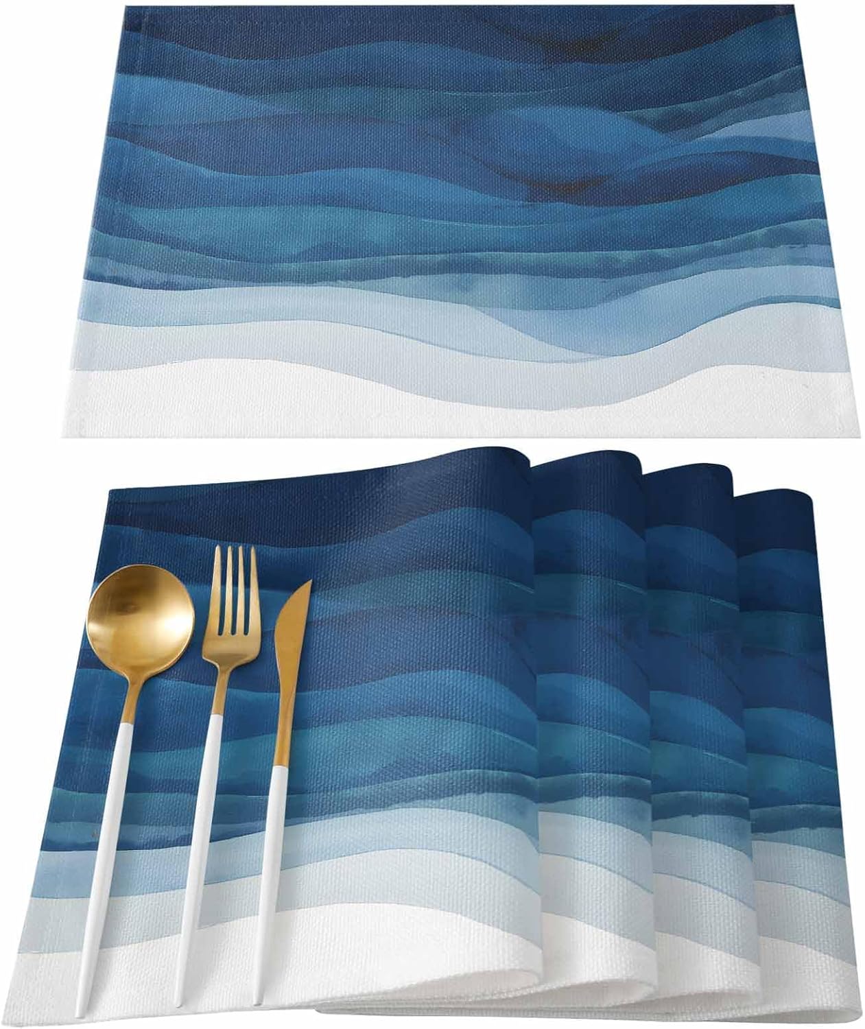Blue White Placemats Set of 6, Summer Heat Resistant Placemat Washable Cotton Linen Table Mats Ombre Ocean Wave Party Holiday Decorations for Home Kitchen Dining Table Outdoor Indoor