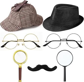 Jeyiour 8 Pcs Detective Costume Accessories for Adults Detective Hat Kit for Women Men Outfit Halloween Cosplay Party Decor