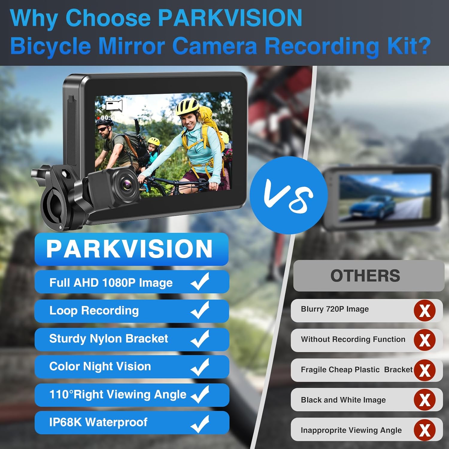 PARKVISION Bicycle Rear View Camera Recorder, 1080P Handlebar Bike Camera with 4.3'' HD Monitor, 64GB TF Card, 110° Angle View, Night Vision, Backup/Front View Camera for Mountains,Ebikes
