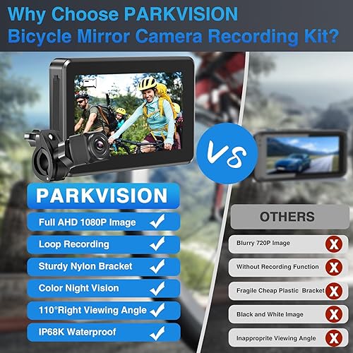 Miniatura 3 de PARKVISION Bicycle Rear View Camera Recorder, 1080P Handlebar Bike Camera with 4.3'' HD Monitor, 64GB TF Card, 110° Angle View, Night Vision,