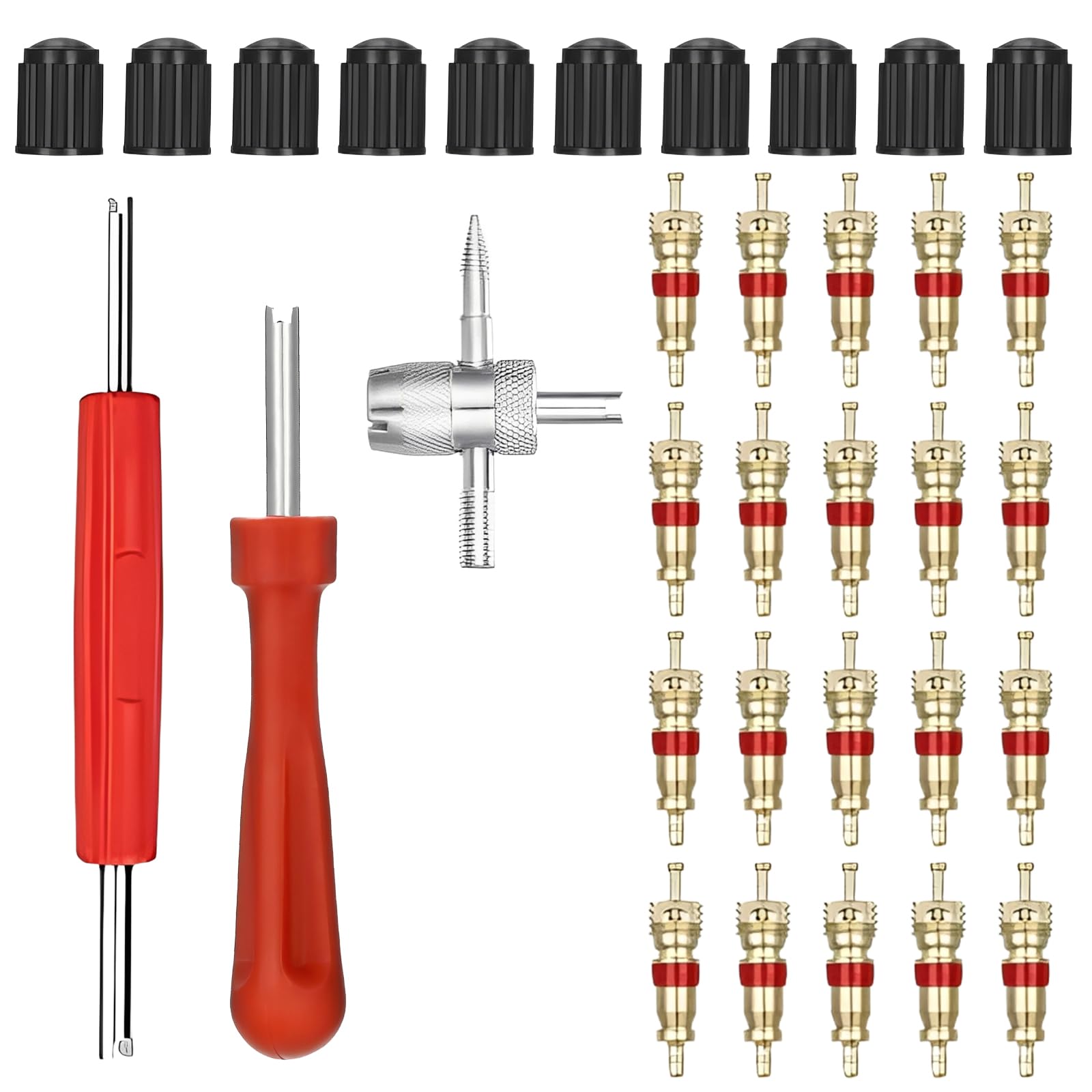 Herramientas Coche 33 Piezas Kit Reparación Neumáticos Auto, Extractor de válvulas 4 en 1, Bi Monocéfalo Extractor Válvulas, 20 Insertos de válvula 10 Gorras para Mantenimiento Camión Bici Moto