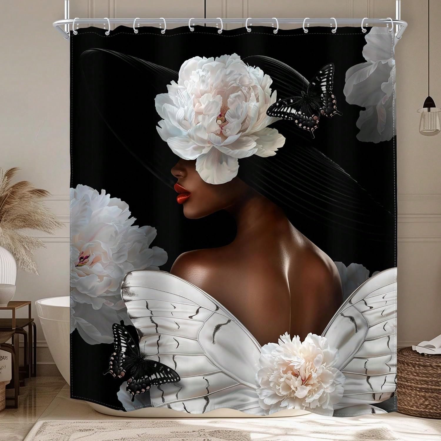 GLKSDLPO Peony Floral Bathroom Curtain Set, African Shower Curtain Set, Inspirational Modern Bathroom Decor(120x150cm/47x59in(WxH)