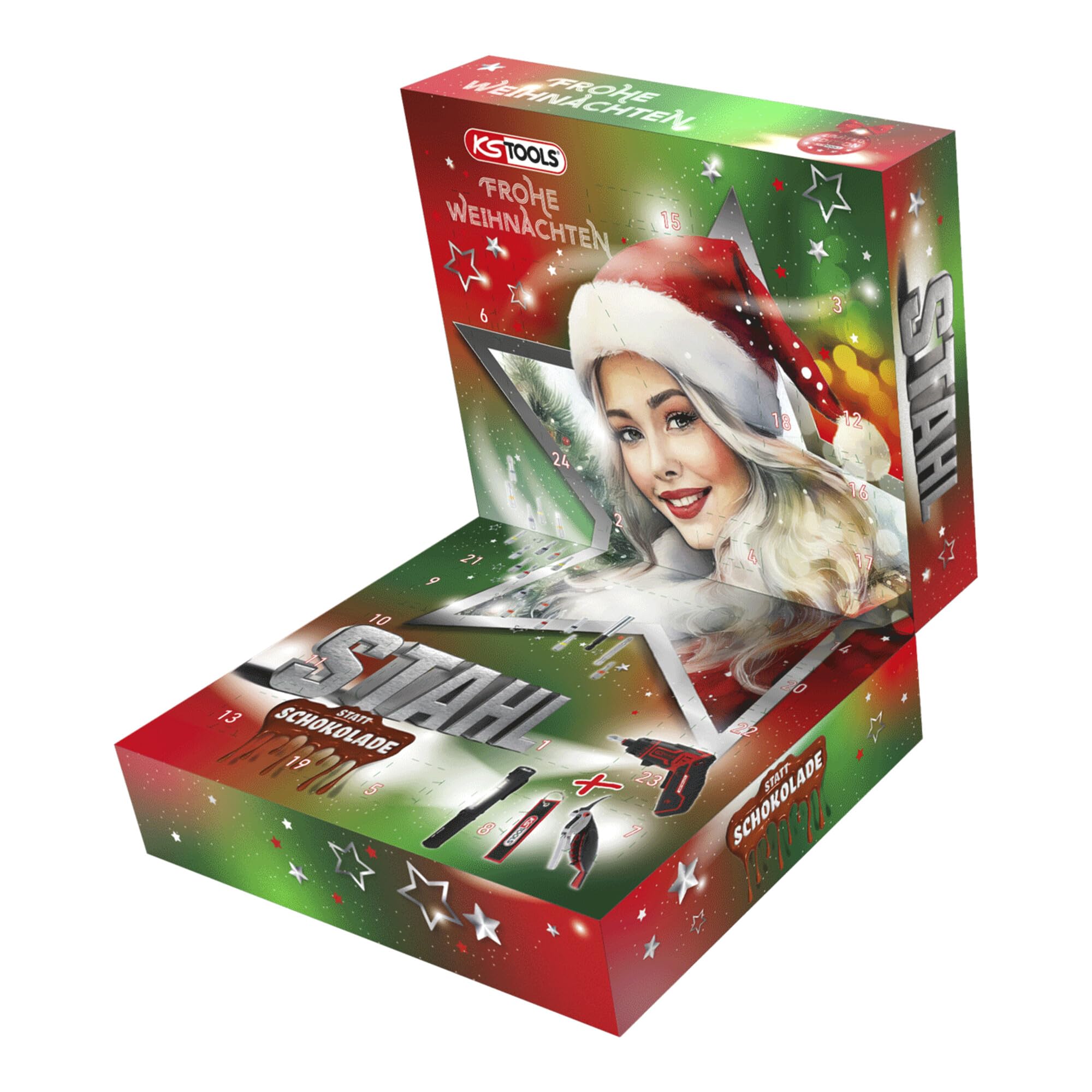 KS Tools Calendario dell'Avvento 2025 - Set di cacciaviti a batteria, 30 pezzi, torcia e cavatappi, portachiavi